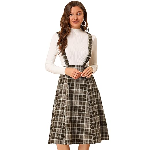 Allegra K Women's Plaid Overall Dress High Waist A-Line Tartan Suspender Midi Skirt X-Small Brown Plaid