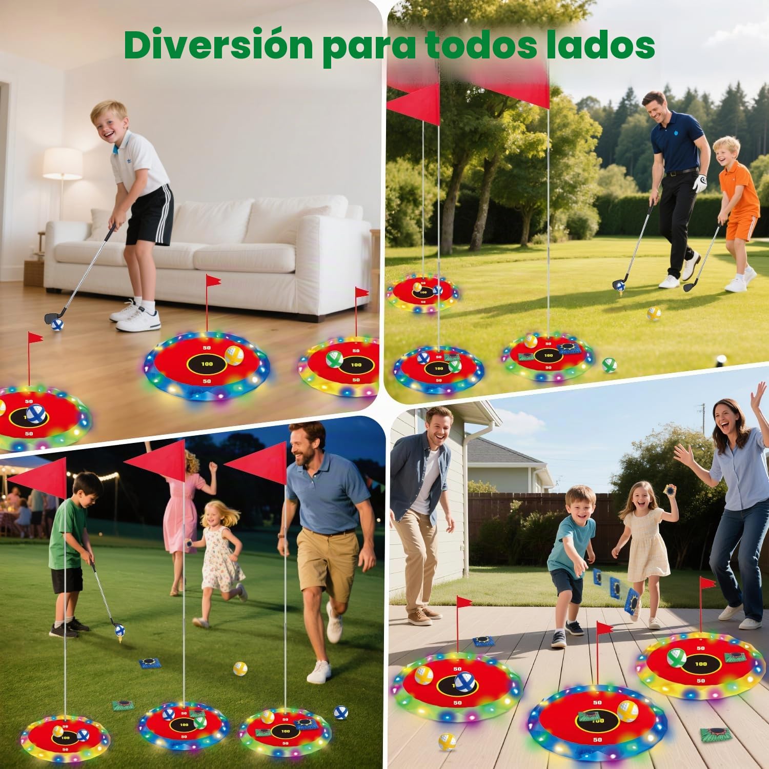 VATOS Juego de golf 2 en 1 con luz para niños - Juego de golf de astillado y lanzamiento de bolsa de puf con 6 objetivos LED, 2 palos, 18 bolas, juego de golf nocturno para fiesta en interiores al