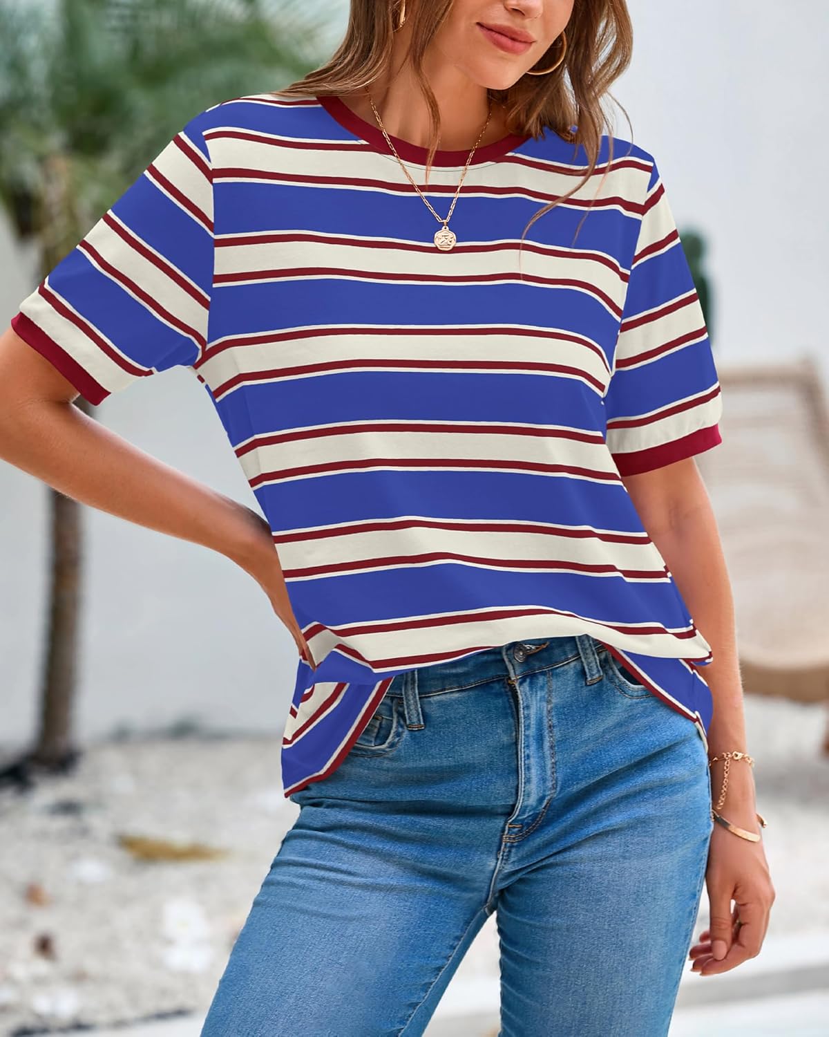 BTFBM Summer Tops for Women 2026 Crewneck Short Sleeve Striped T Shirts Casual Spring Clothes Color Block Basic Tee Blouses - Image 4