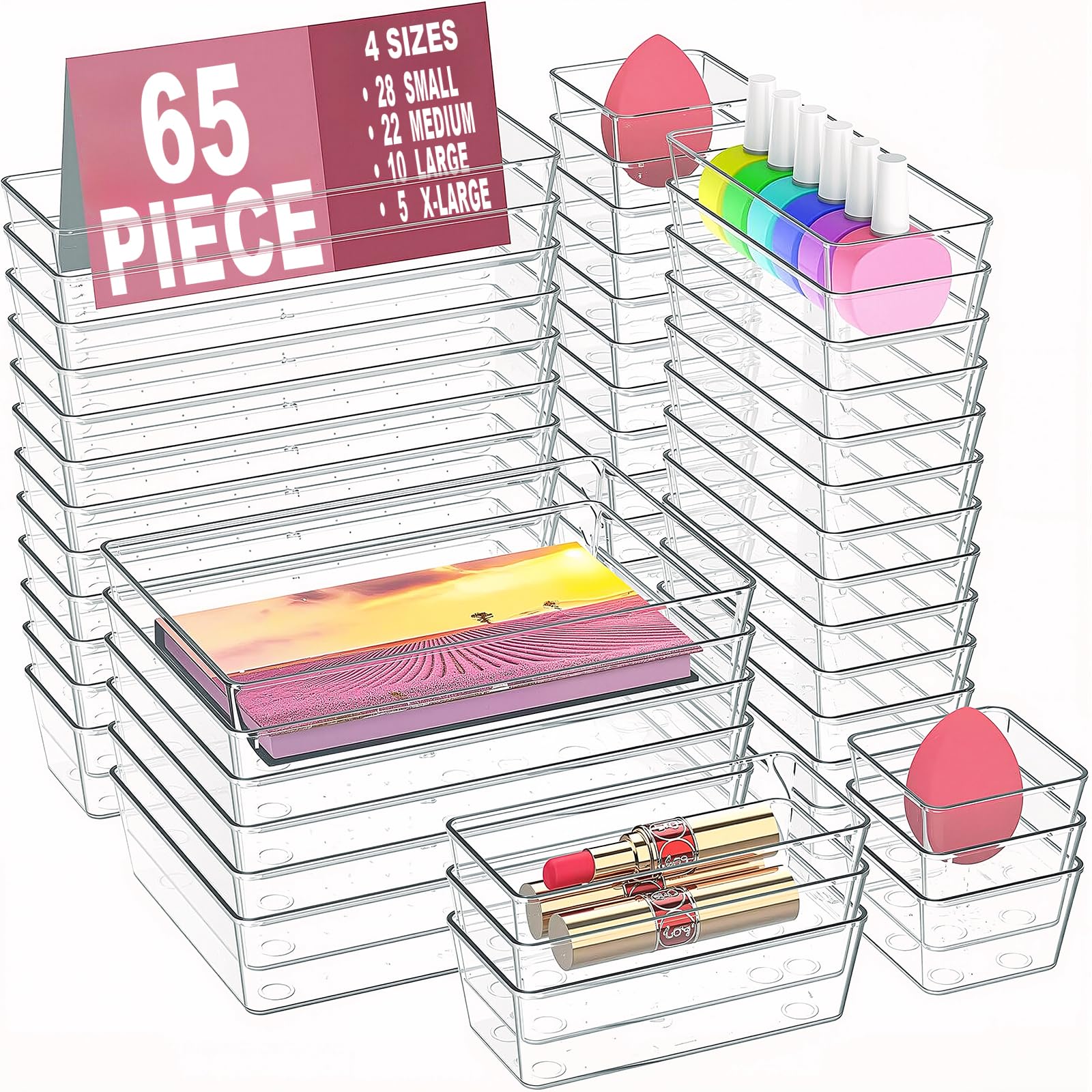 Manalete 65 Pcs Clear Plastic Drawer Organizer, Makeup &amp; Vanity Organizer