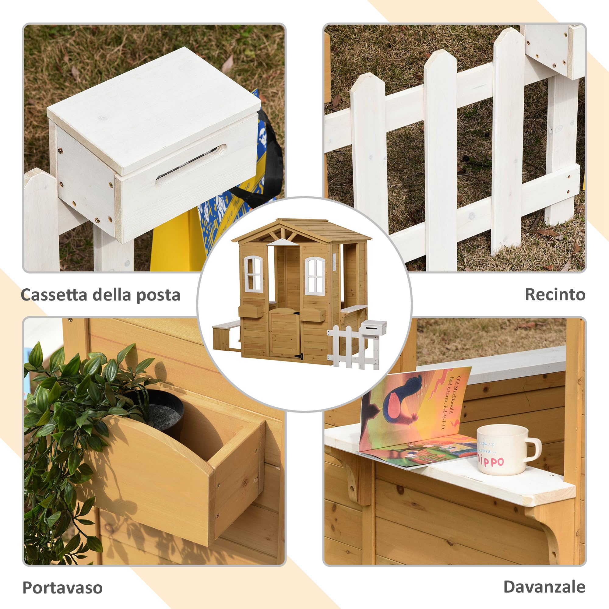 Outsunny Casetta Bambini Legno Giardino con Finestre Staccionata Portavasi Panca 205x119x140 cm