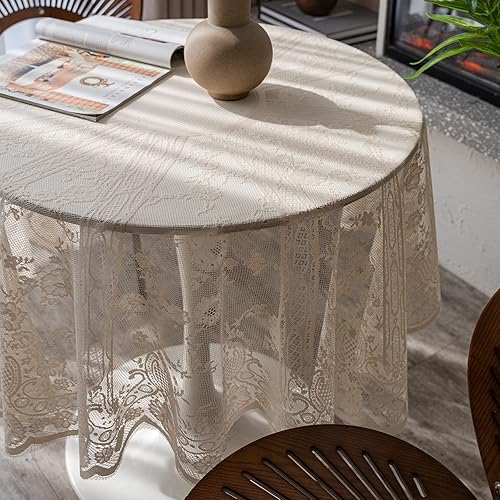 Miniatura 2 de Mantel de encaje beige bordado elegante con patrones florales, mantel redondo superpuesto para boda, fiesta, vacaciones, cena larga, decoración del