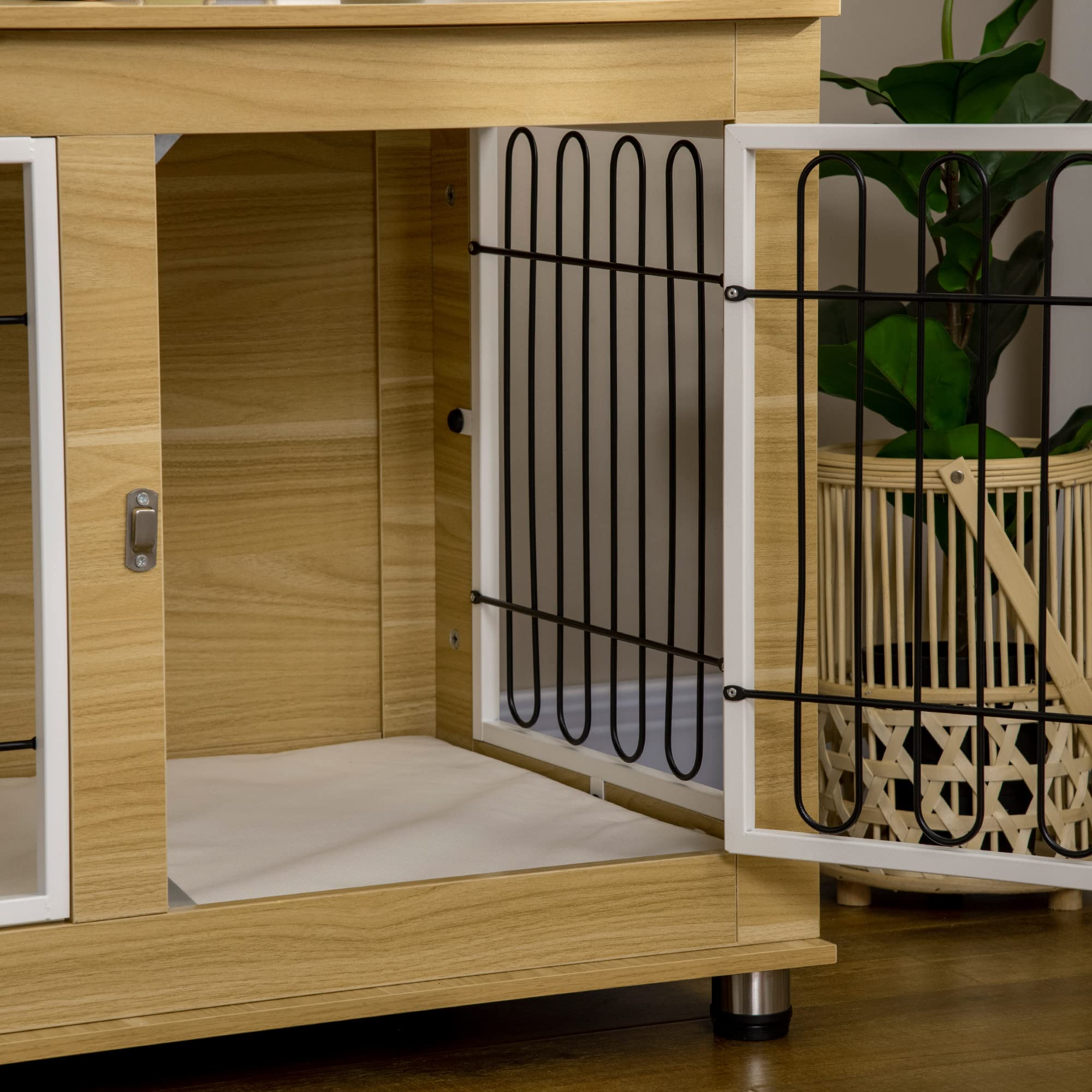 PawHut Jaula para Perros Mesa Auxiliar con Cojín Lavable Casa para Mascotas con Estructura de Acero para Perros Medianos y Grandes 90x58x65 cm Roble
