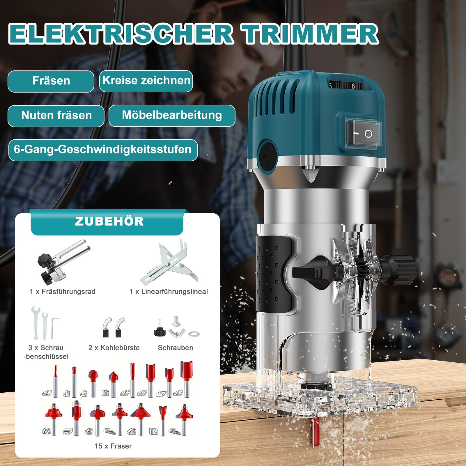 Holzfräse Oberfräse,800W 28000rpm Einhandfräse Kantenfräse Oberfräse Trimmer,6 Geschwindigkeit Electric Holz Fräse Tragbarer Handfräse Handpalmenfräser mit 15 Stück Fräser Für Holzbearbeitung