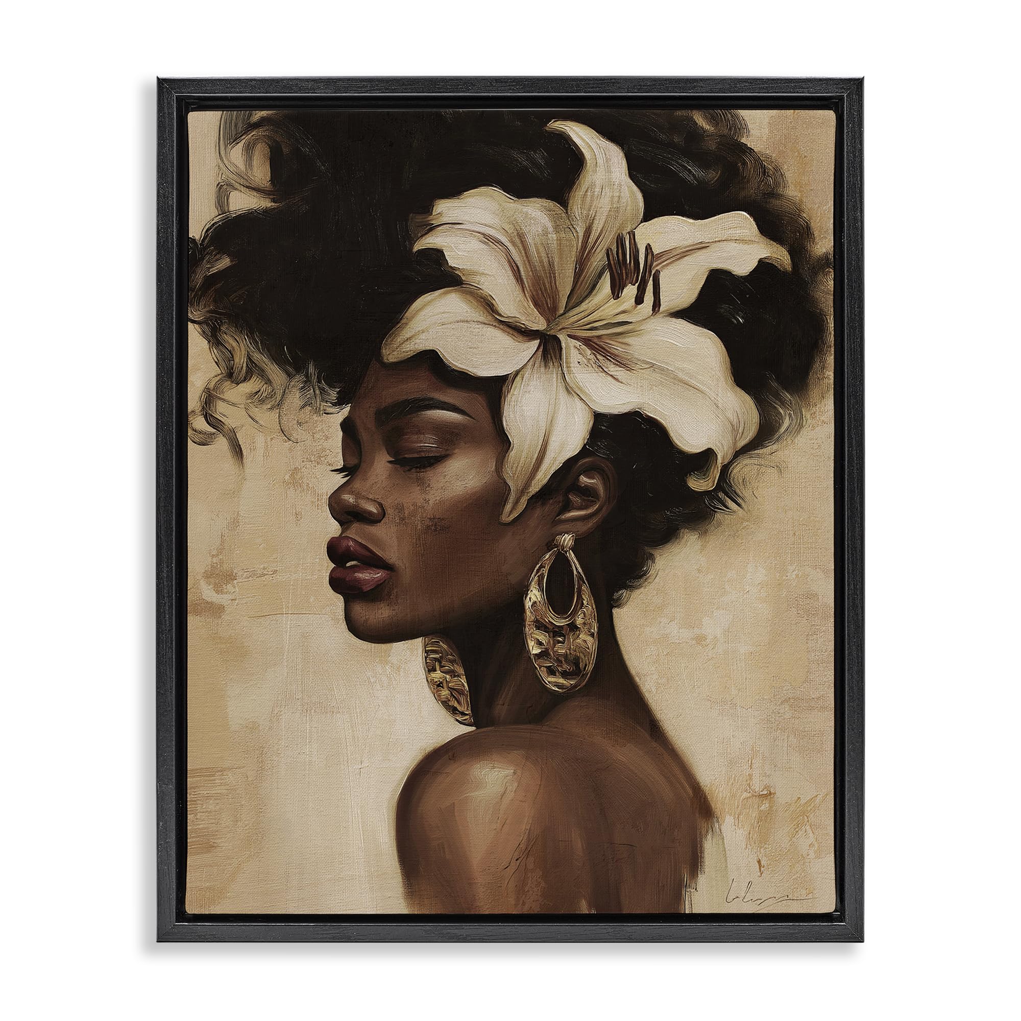 Stupell Industries Jet Black (Matte) Nocturne In Ivory Floral Portrait, 24 X 30 Inch Canvas In Floater Frame