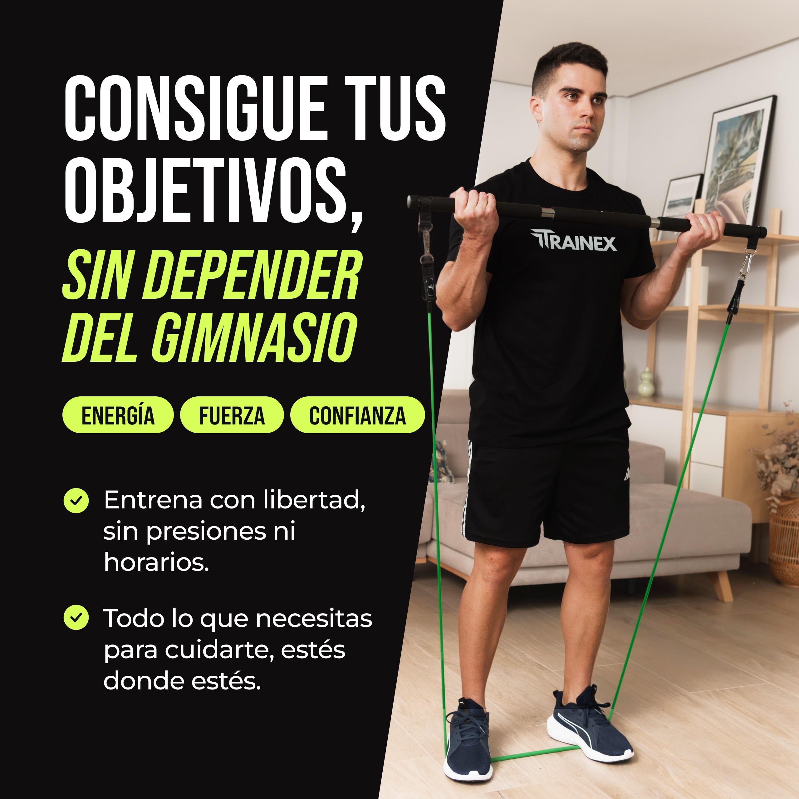Bandas Elásticas de Musculación con Barra | Gomas de Resistencia hasta 100 kg | Kit de Entrenamiento en Casa Completo | TRAINEX