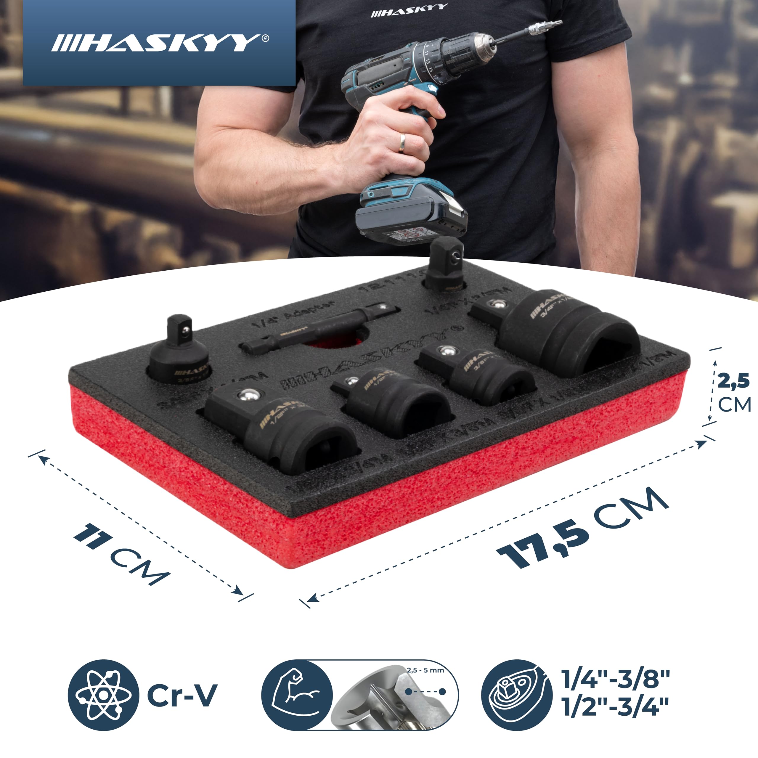 HASKYY Zestaw adapterów do wkrętarki udarowej 1/4" 3/8" 1/2" 3/4" do wkrętarki akumulatorowej, grzechotki i klucza dynamometrycznego – zestaw adapterów do kluczy nasadowych ze stali