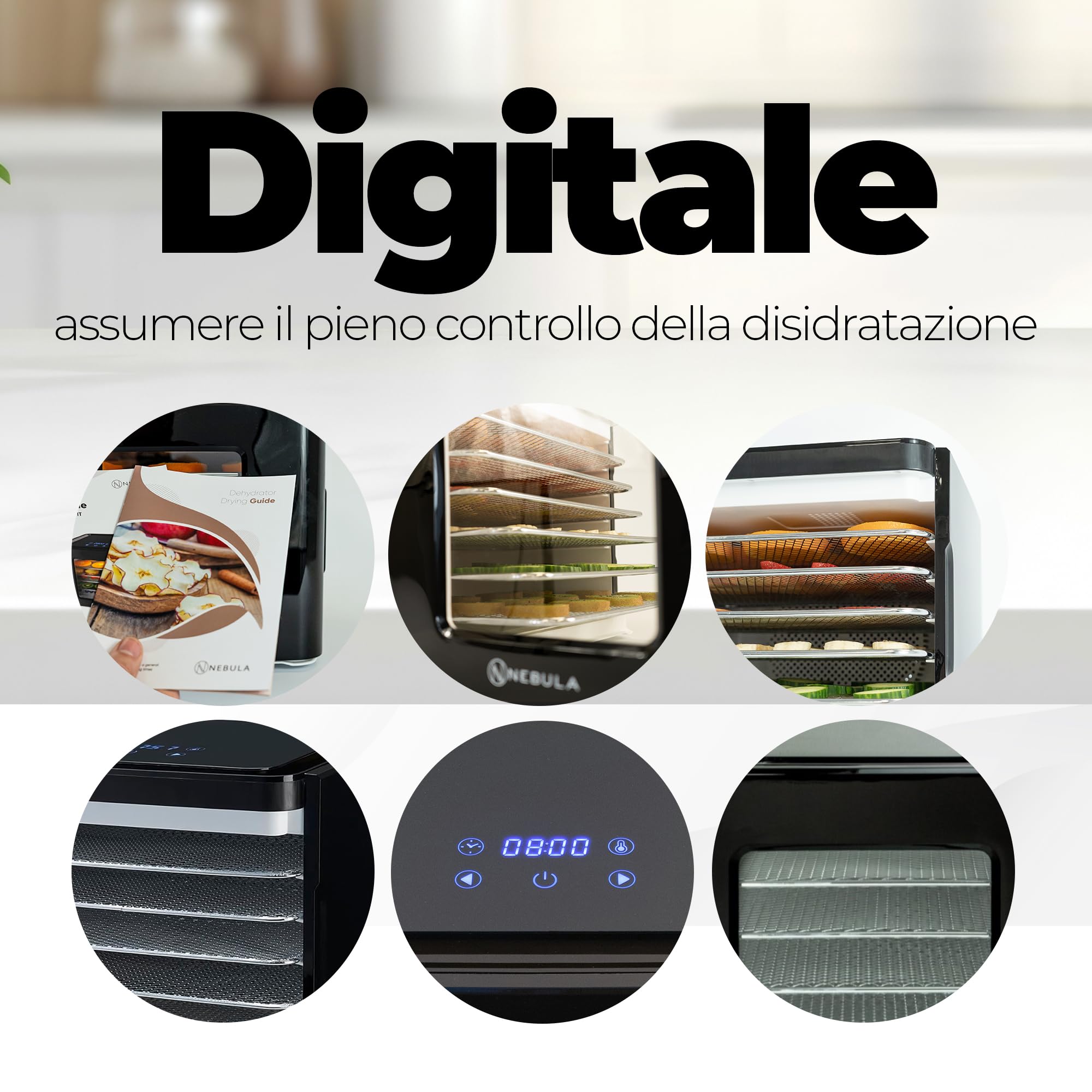 Nebula Essiccatore Alimentare 400W Con 6 Vassoi Inox | Display Touch LED, Temperatura Regolabile 35-70°C, Timer 48h | Disidratatore Per Frutta, Verdura, Carne, Snack E Erbe