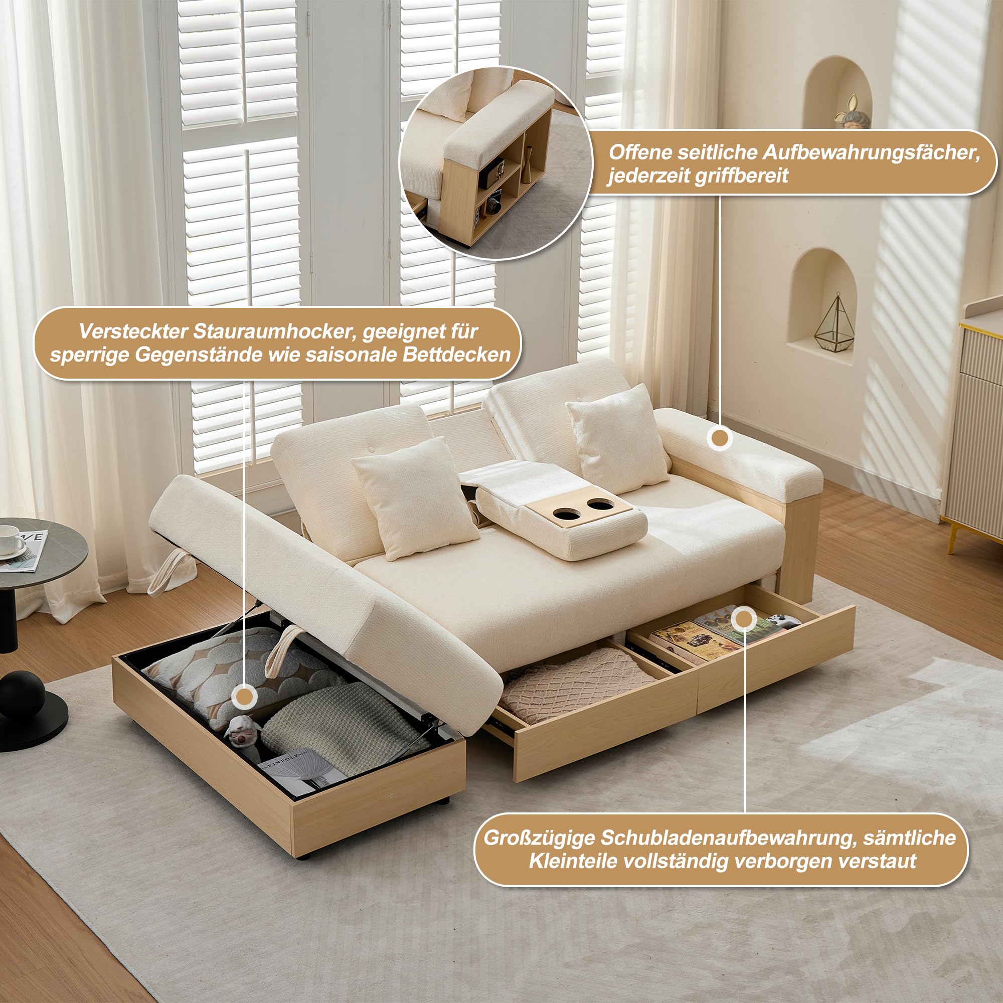 Canapé d'angle 217 cm avec Rangement, Dossier Réglable 3 Positions, Canapé Convertible en Chenille avec Tiroirs, Porte-Gobelets et Pouf de Rangement, Structure MDF pour Salon (Beige)