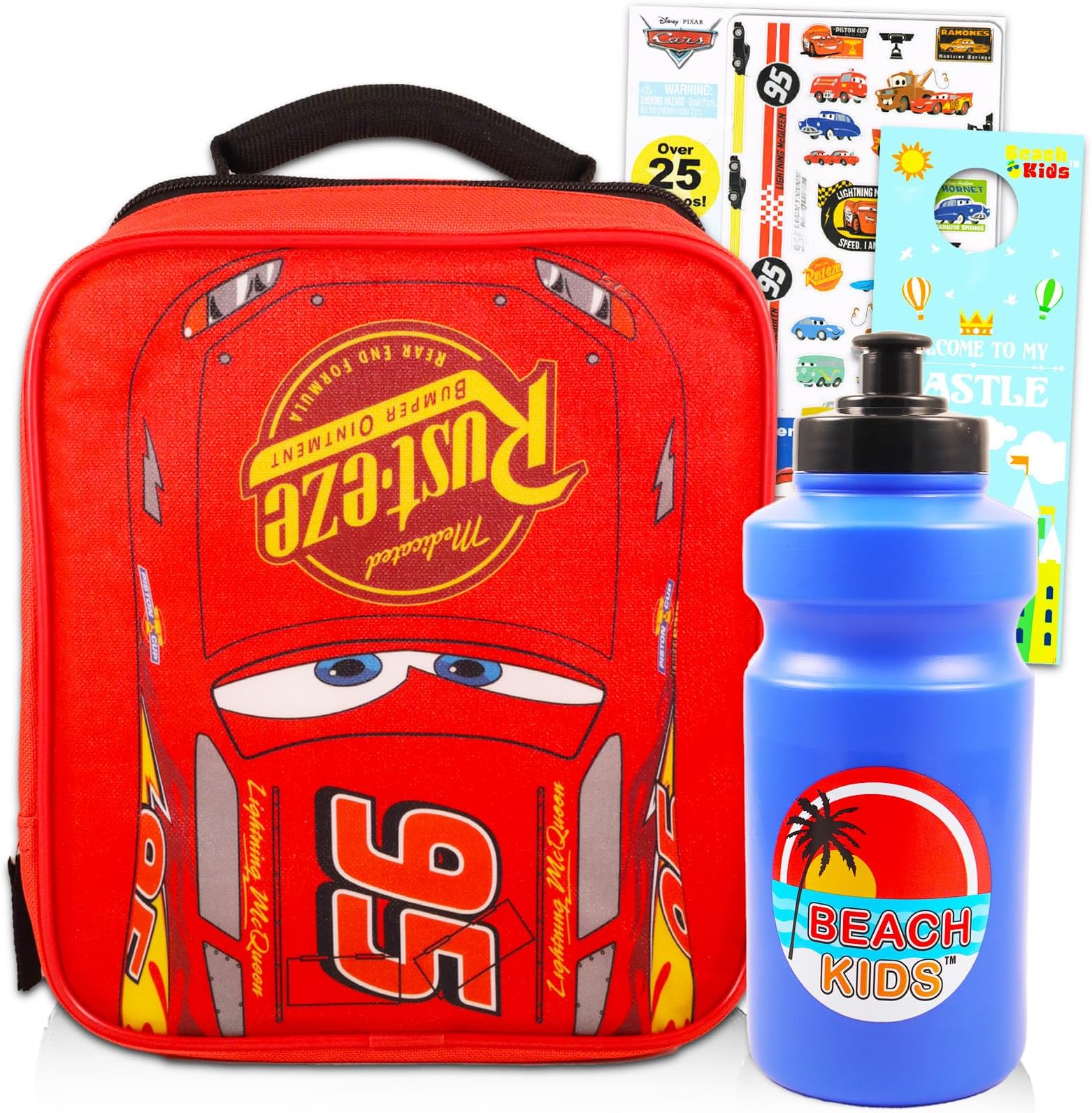 Disney Cars Lunch Box for Boys, Kids - Bundle with Premium Insulated Lightning McQueen Lunch Bag Plus Tattoos, Beach Kids Water Bottle, More | Disney Cars School Supplies