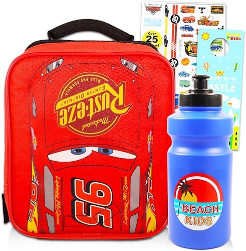 Lonchera de Disney Cars para niños, paquete con bolsa de almuerzo con aislamiento premium Lightning McQueen más tatuajes, botella de agua para niños