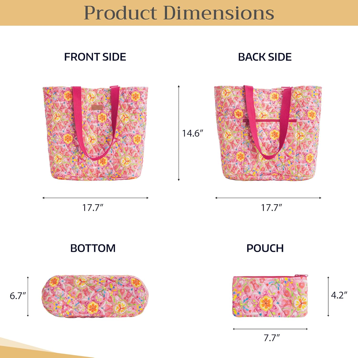 Maison d' Hermine Shopping Bags Cotton Quilted Tote Bag Zipper Pockets Small Pouch Reusable Grocery Bag Mothers day Gifts