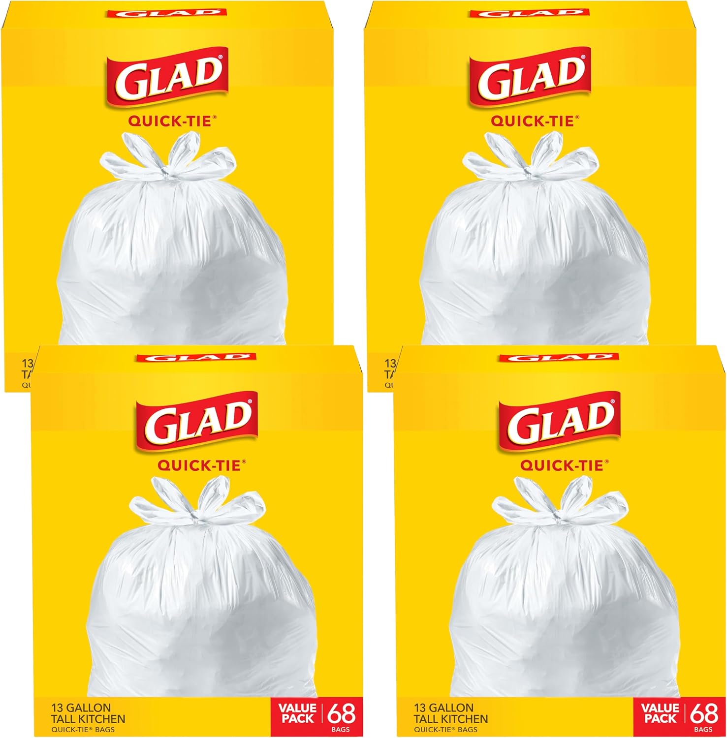 Glad Tall Kitchen Trash Bags 13 Gallon, Unscented Garbage Bags, Quick-Tie, 68 Count
