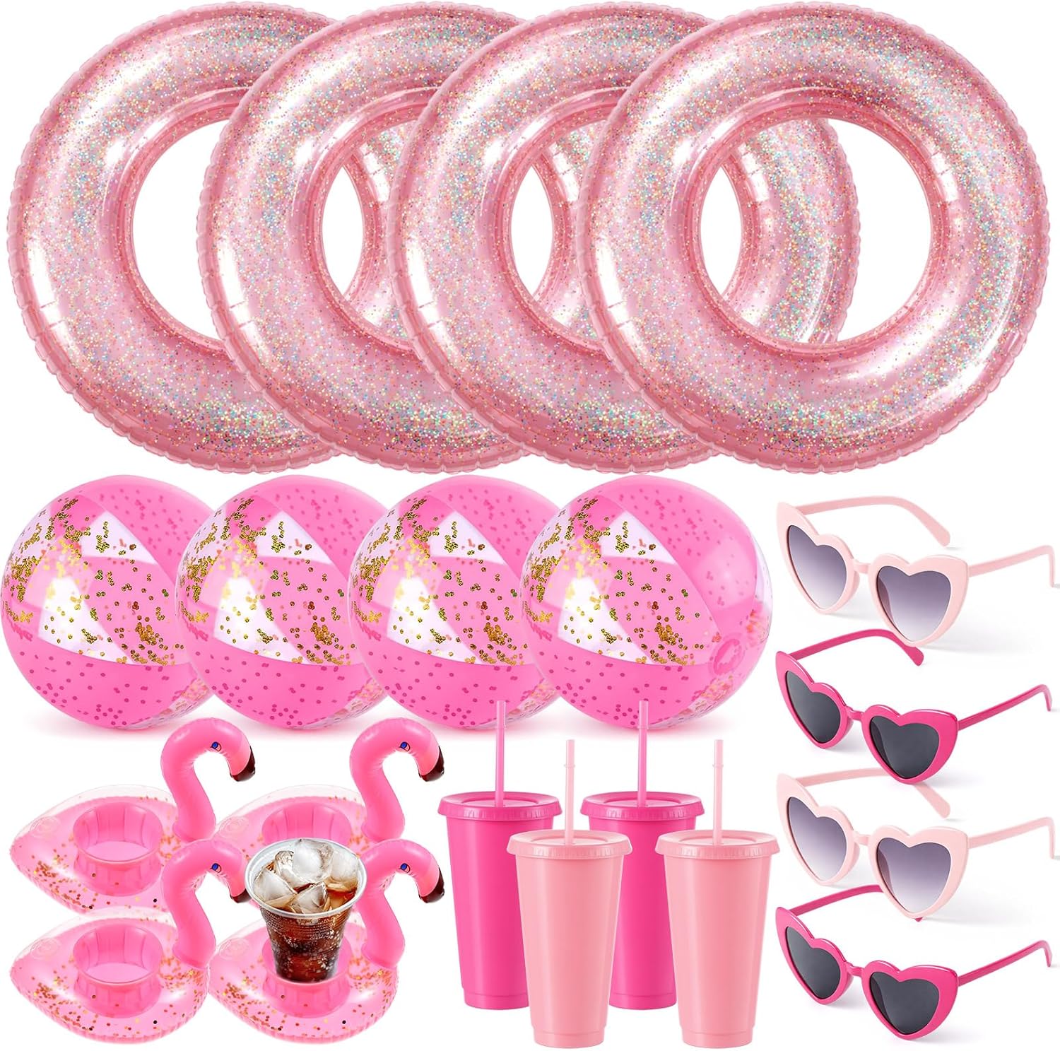 40 Pcs Bachelorette Pool Party Favors Pink Inflatable Pool Rings Beach Balls Heart Sunglasses Cups Drink Holders for Women Bridal Shower Summer Birthday Party Supplies