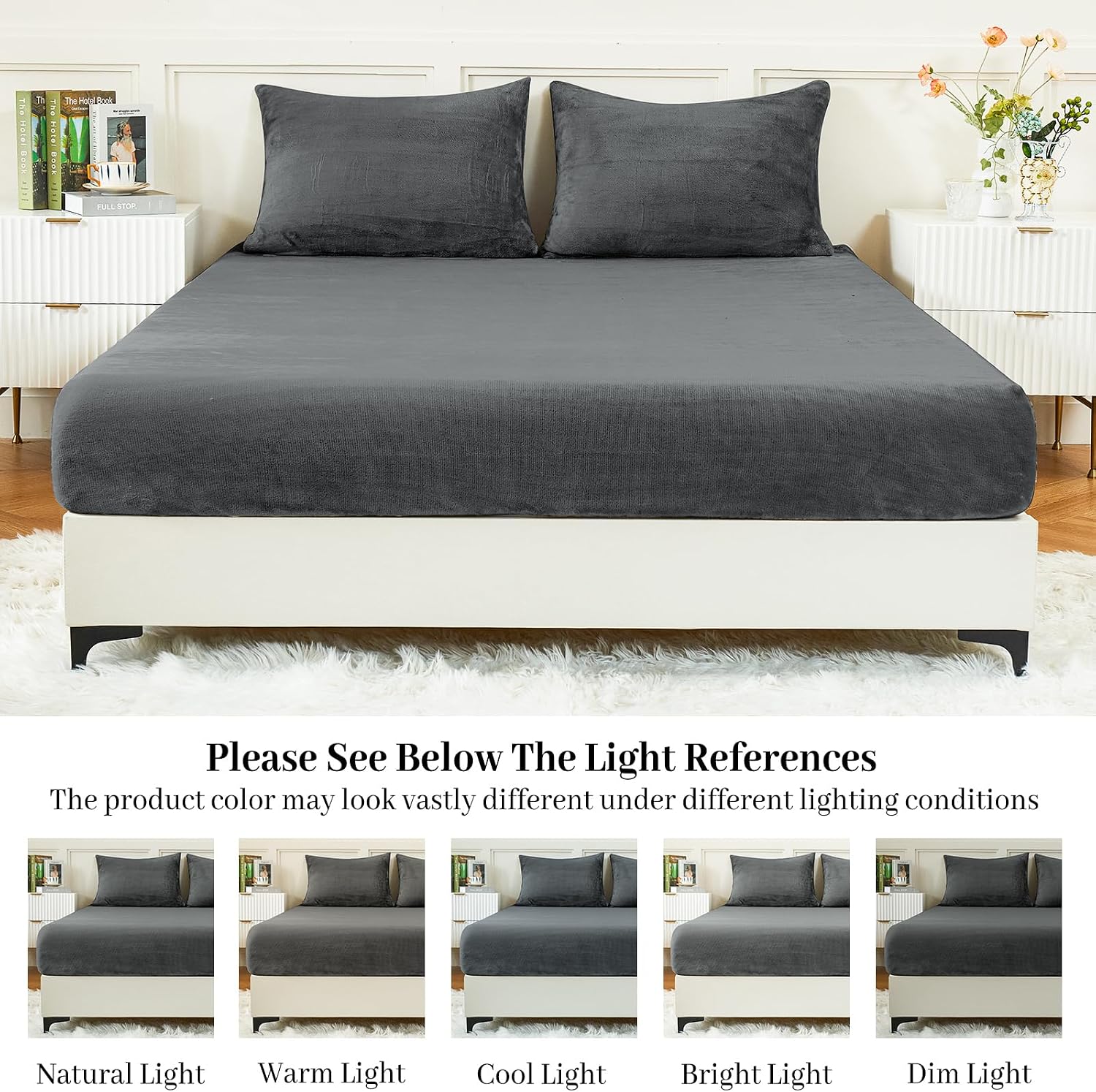 YIYEA Fleece Fitted Sheet Only, Ultra Soft Plush Velvet Deep Pocket Fitted Bottom Sheet for Fall Winter, Cozy Warmth and No Shedding, Dark Dray, Twin