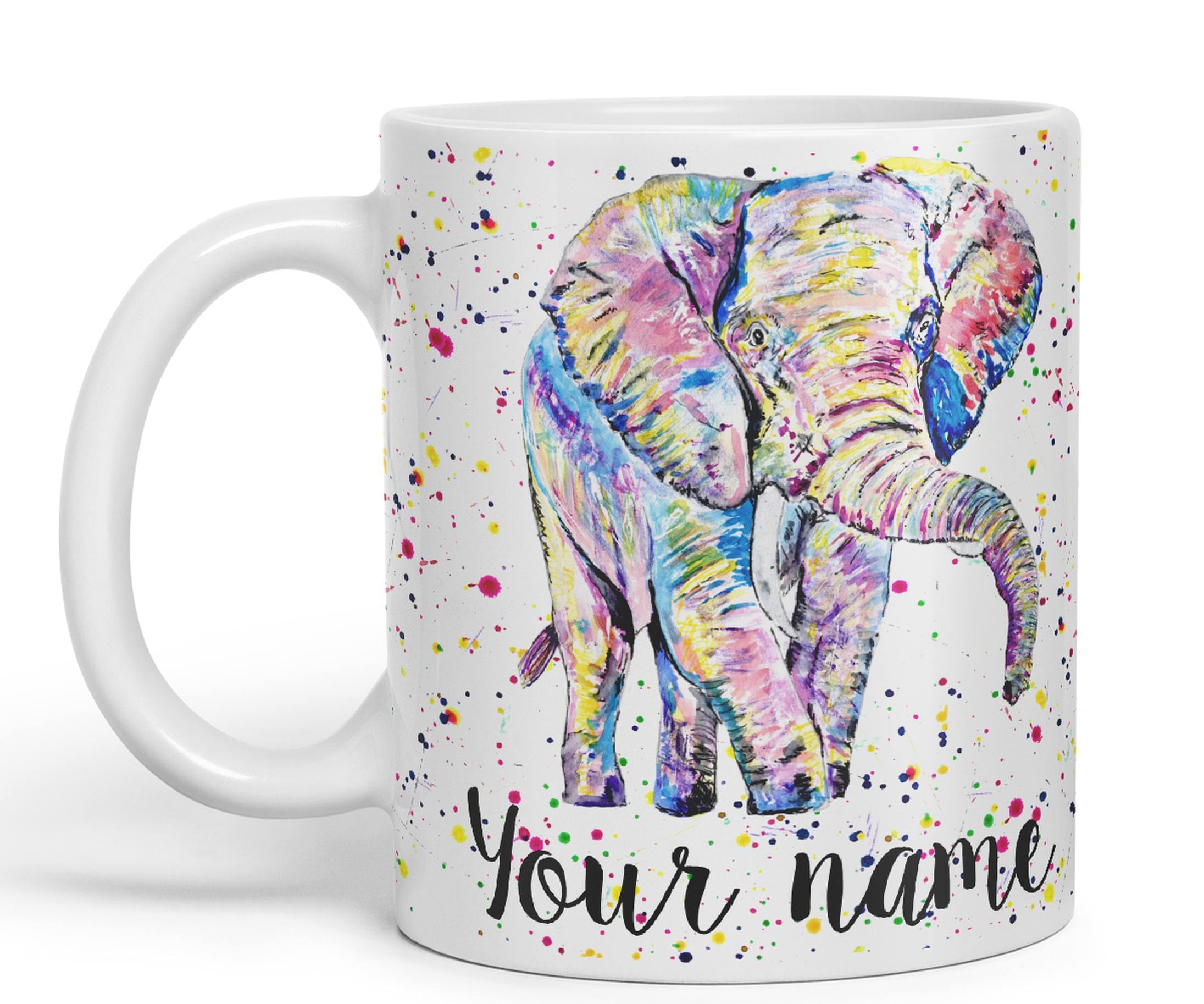 Vixar Personalised with Your Text Elephant Forward Facing Wild Animals Watercolour Art Coloured Ceramic Mug Cup Gift 330ml 11oz Custom Work Office Tea Coffee (White)