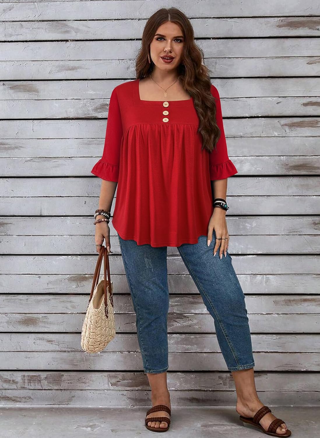 Plus Size Tops Square Neck 3/4 Flutter Sleeve Blouse Button Dressy Casual Fall Fashion Tops 2025(XL-5XL) - Image 5