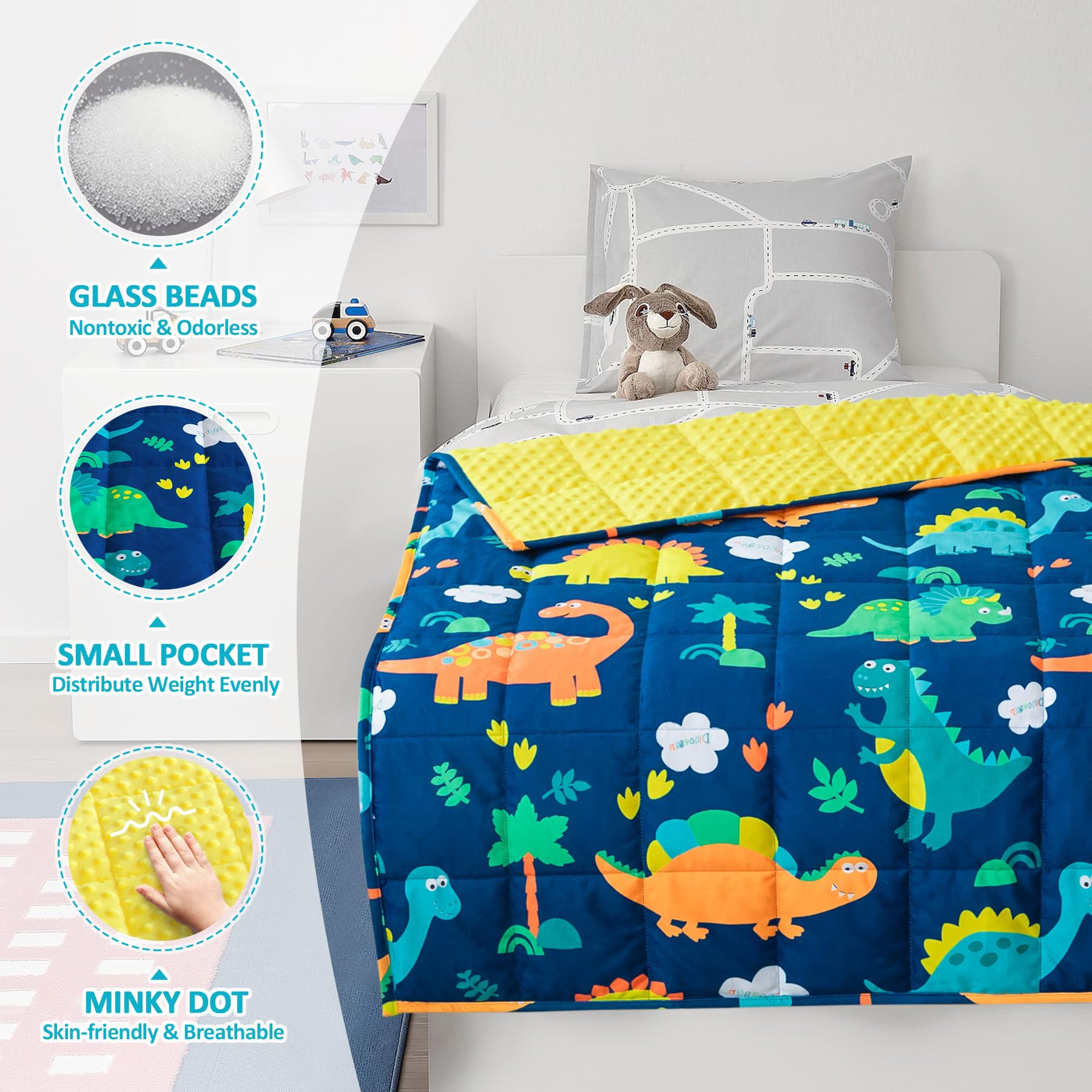 Sivio Gewichtsdecke 1,4 kg 90x120cm Kristallsamt Dinosaurier Reversible Schwere Decke Blau