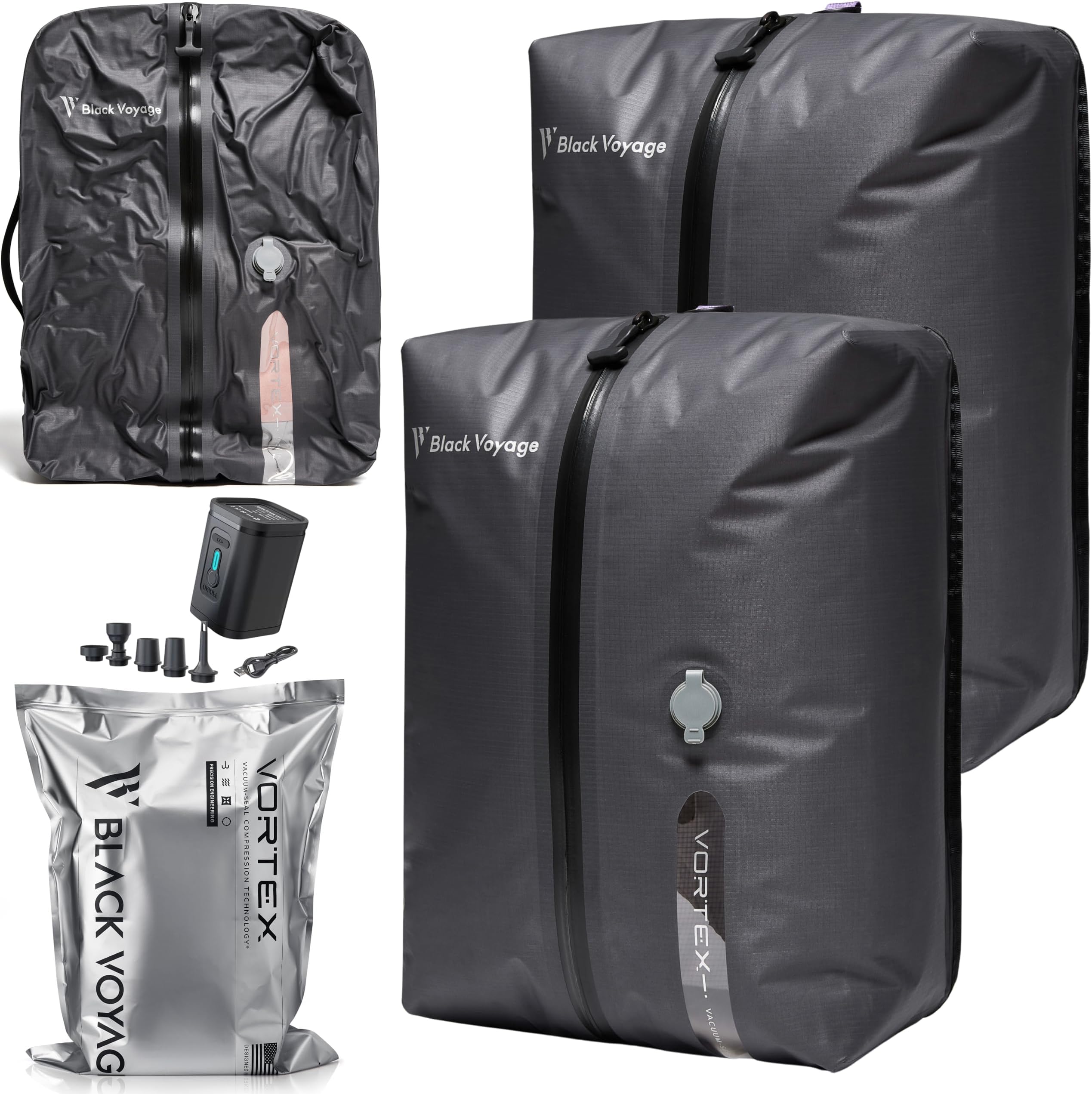 Black Voyage Reusable Vacuum Compression Travel Bag for Carry-On Suitcase and Backpack, Recycled IP67 Waterproof Space Saver Vacpack (2-Pack, 18L - Pump Included)