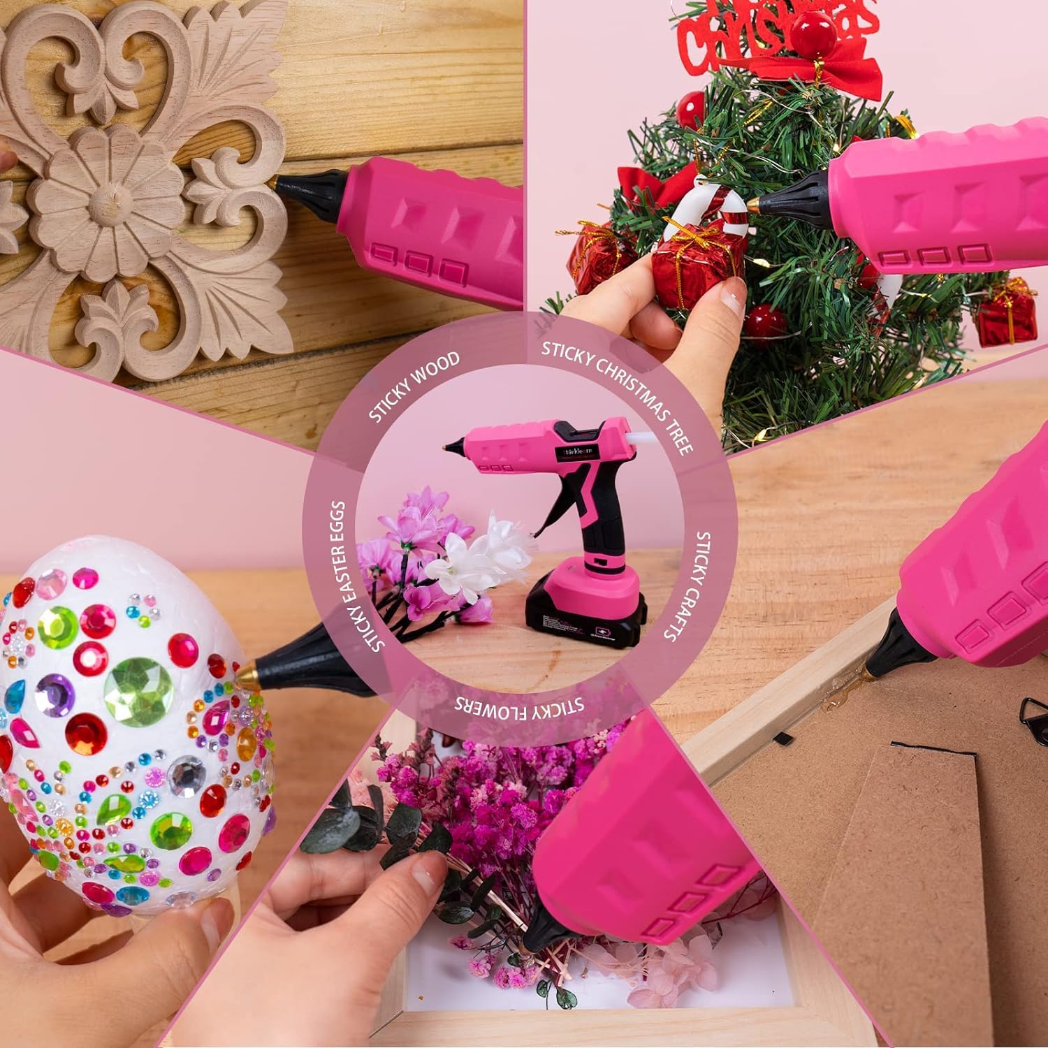 Pistola per colla a caldo, 20 V, rosa, senza fili, con 30 bastoncini di colla a grandezza naturale, batteria ricaricabile da 2 Ah, kit per fai da te, arti e artigianato, decorazioni, regalo per donne