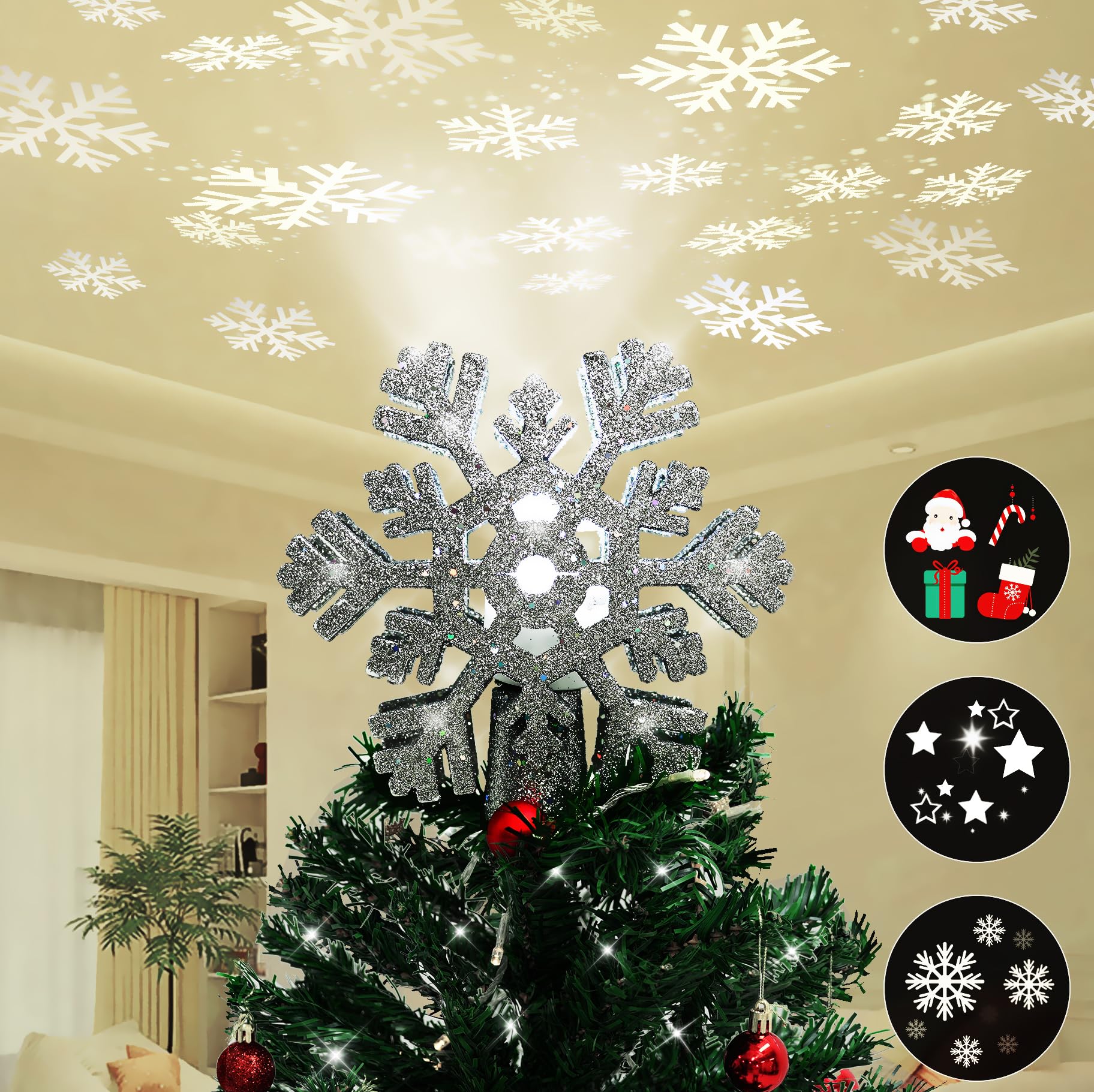 Proyección dinámica con purpurina 3D para decoración de árbol de Navidad LED rotativo