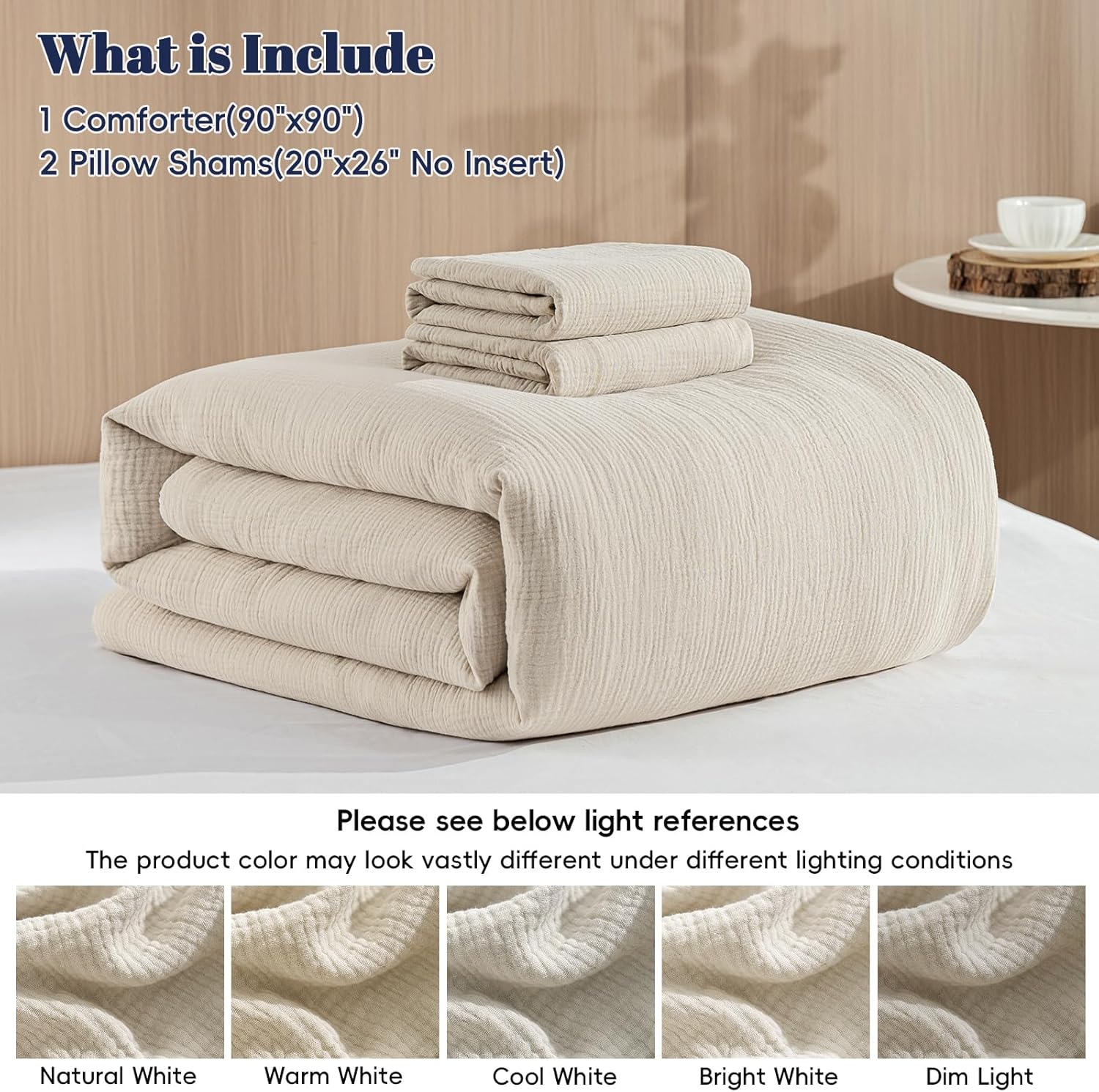 PHF Cotton Muslin Comforter Set Queen – 100% Cotton Cover, Ultra Soft & Breathable, 3PCS Lightweight All-Season Bedding with Polyester Fill, 1 Comforter 90"x90" & 2 Pillow Shams 20"x26", Natural