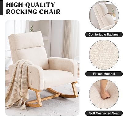 Chaise à bascule de pépinière, fauteuil à bascule confortable pour pépinière avec pieds en bois massif, chaise à bascule de planeur de soins infirmiers modernes, salon, chambre, beige