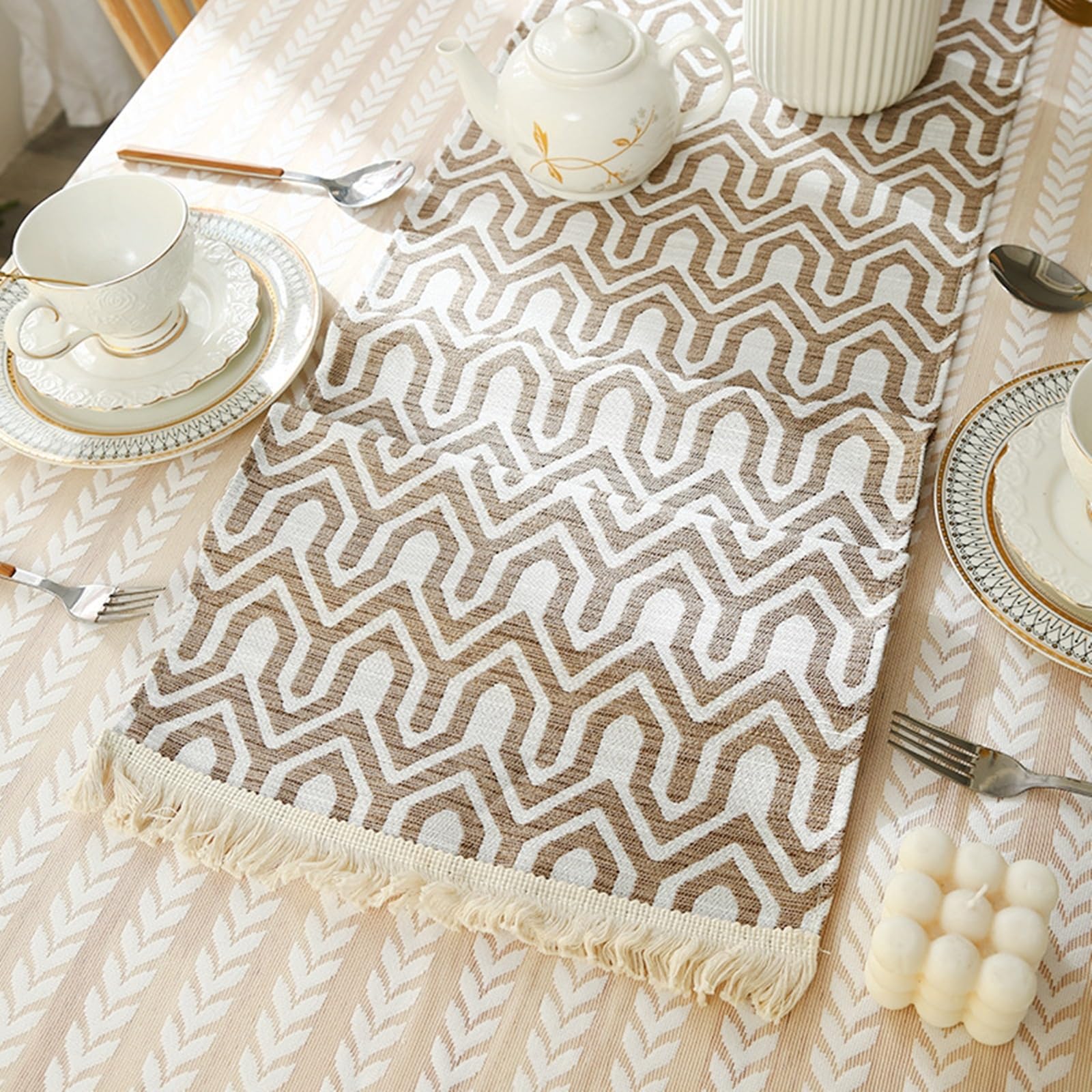 Tischläufer Hochzeit Polyester, Tischläufer Landhausstil 35x210 cm, Leinenoptik mit Geometrische Muster