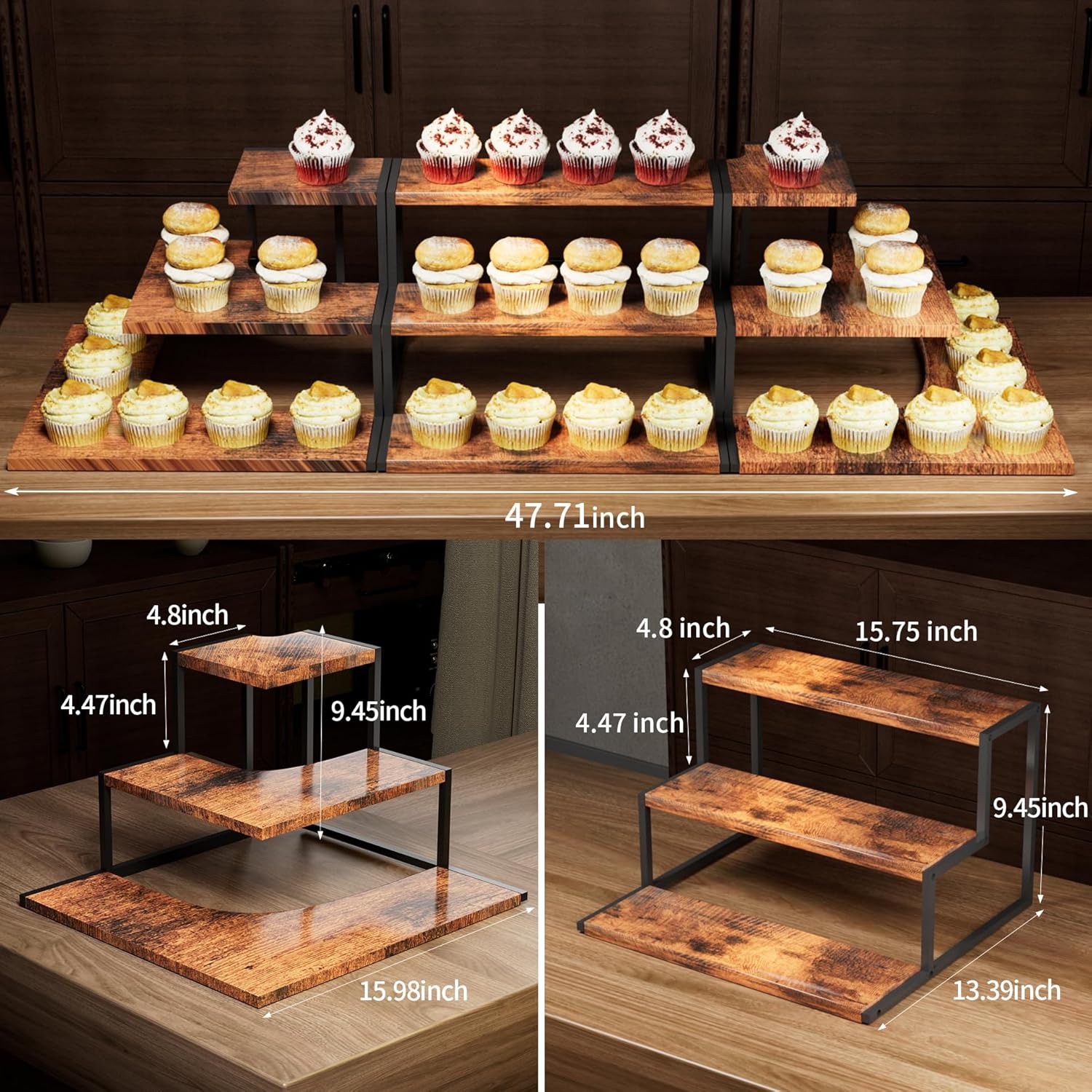 Display Stand, 3 Tier Risers Display Stands, Food Display Risers for Party Cupcake Stand Holder, Wood Risers Display Stands for Figures, Dessert,Multi-use Table Risers for Display (Right-Angle)