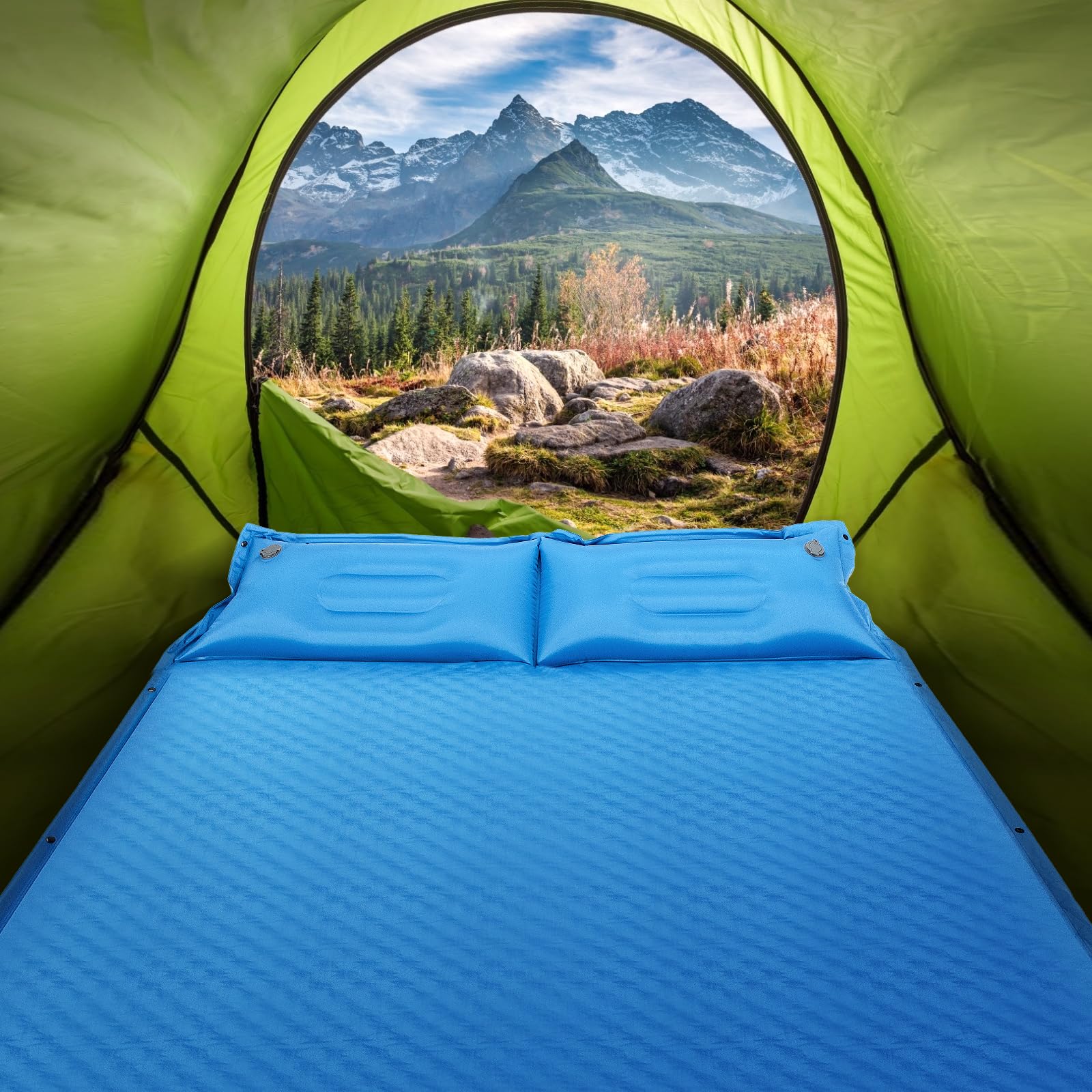 SOARS Colchoneta doble autoinflable, para camping, con almohada integrada y bolsa de transporte, para 2 personas, para camping, exterior, para viajes, playa (azul)