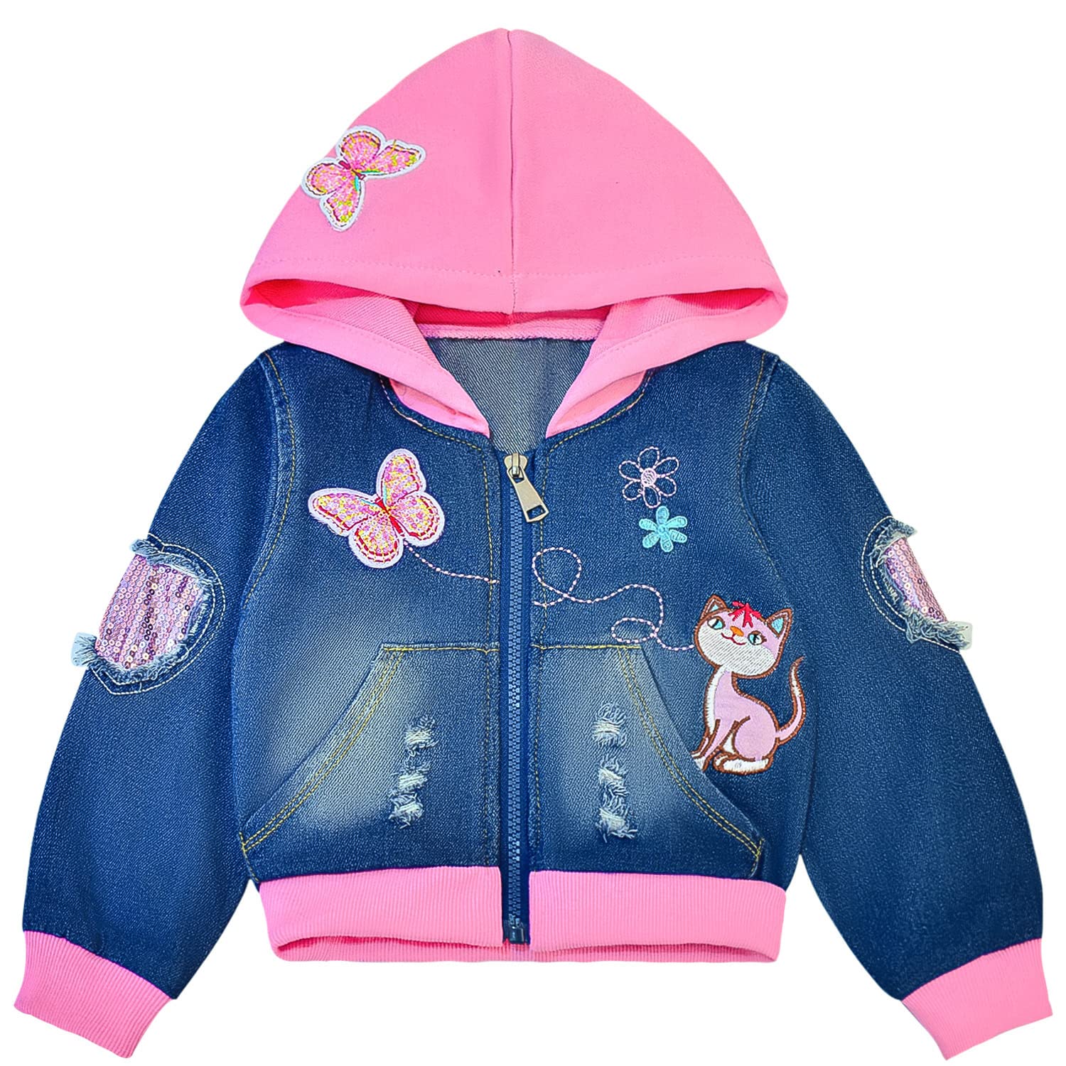 Peacolate Filles Veste en jean Broderie Paillettes Papillons Manteaux avec fermeture éclair et capuche Printemps Automne Denim Vêtements d'extérieur pour 3-10ans