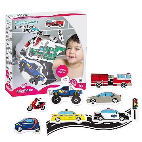 Edushape Magic Creations, Traffic Fun - Juguetes de espuma de baño para bebés, calcomanías de espuma extraíble para bebés, juguetes de baño de