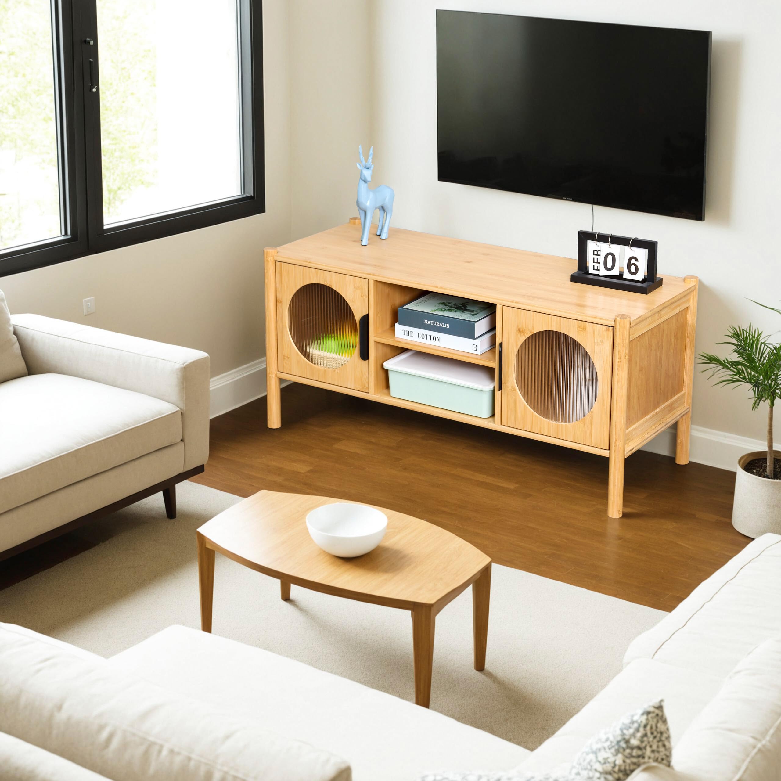 Mobile TV Relaxdays, con 2 ante, per TV fino a 43 pollici, legno, HLP: 48 x 103 x 40 cm, tavolino TV, naturale