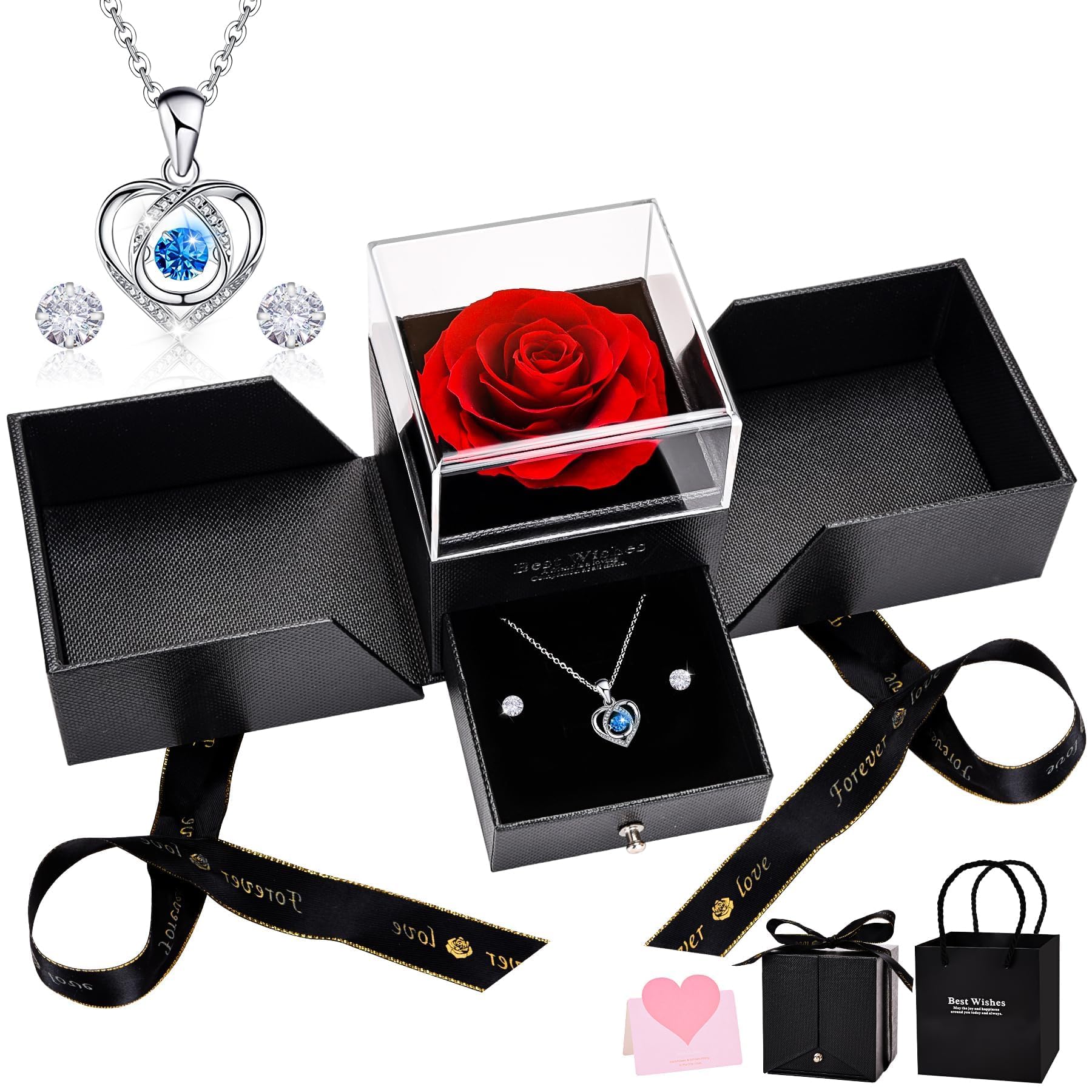 Rosa Eterna, Rojo Caja de Regalo de Rosa Preservada con Collar de Corazón y Aretes, Regalo de Cumpleaños de Aniversario Dia de la Madre Dia de San Valentín para Mamá Novia Hermana Mujeres