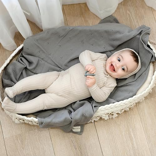 Miniatura 4 de Bleu La La Manta unisex orgánica Pointelle para niños y niñas, 100% algodón orgánico de lujo, tejido cálido y acogedor, manta de cuna para recién