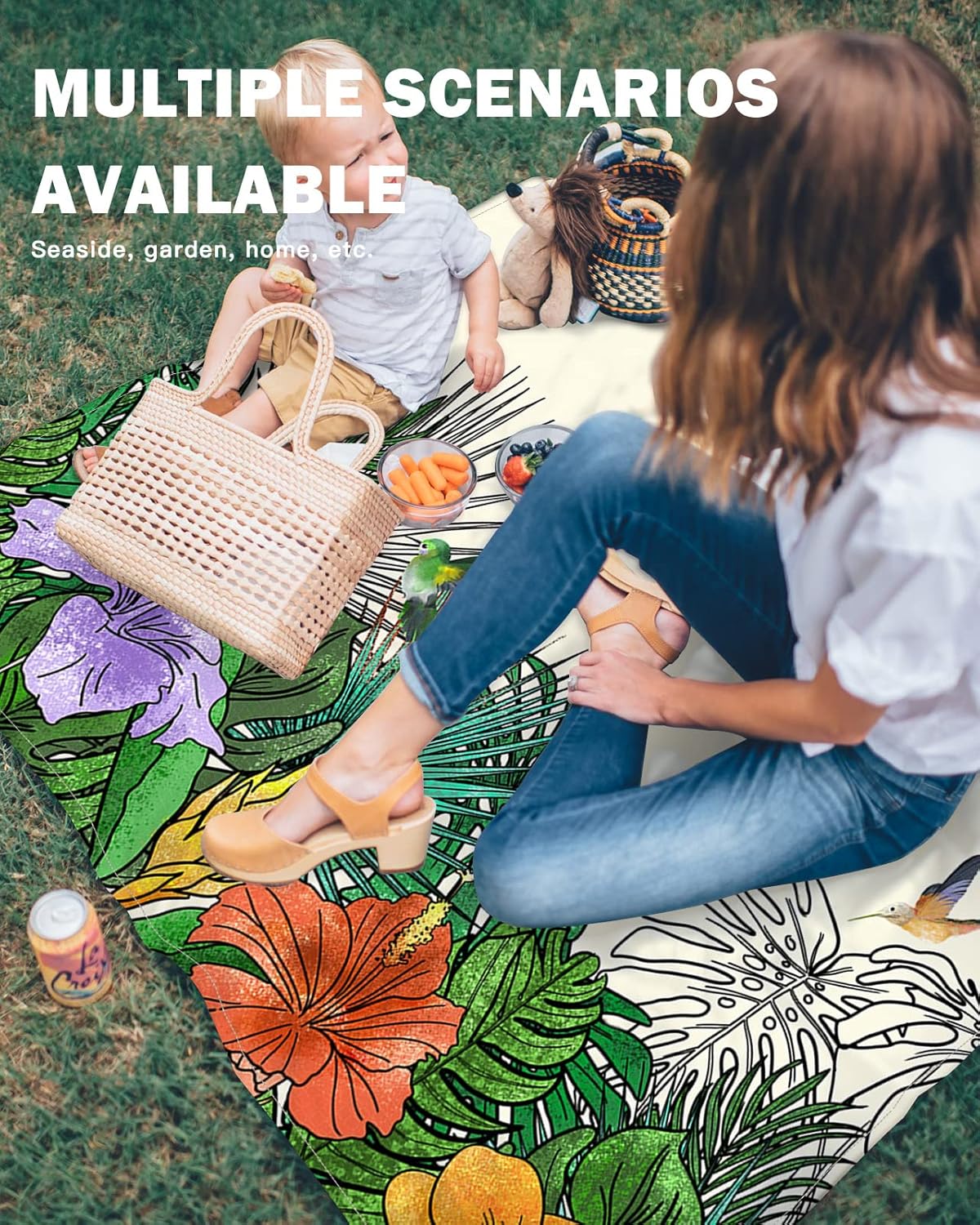 Tropical Nature Green Leaf Floral Hummingbird Animals Beach Blanket Waterproof Sandproof Outdoor Picnic Mat 108"x84" Botany Art Lightweight Large Beaach Blankets with 4 Stake & 4 Corner Pockets