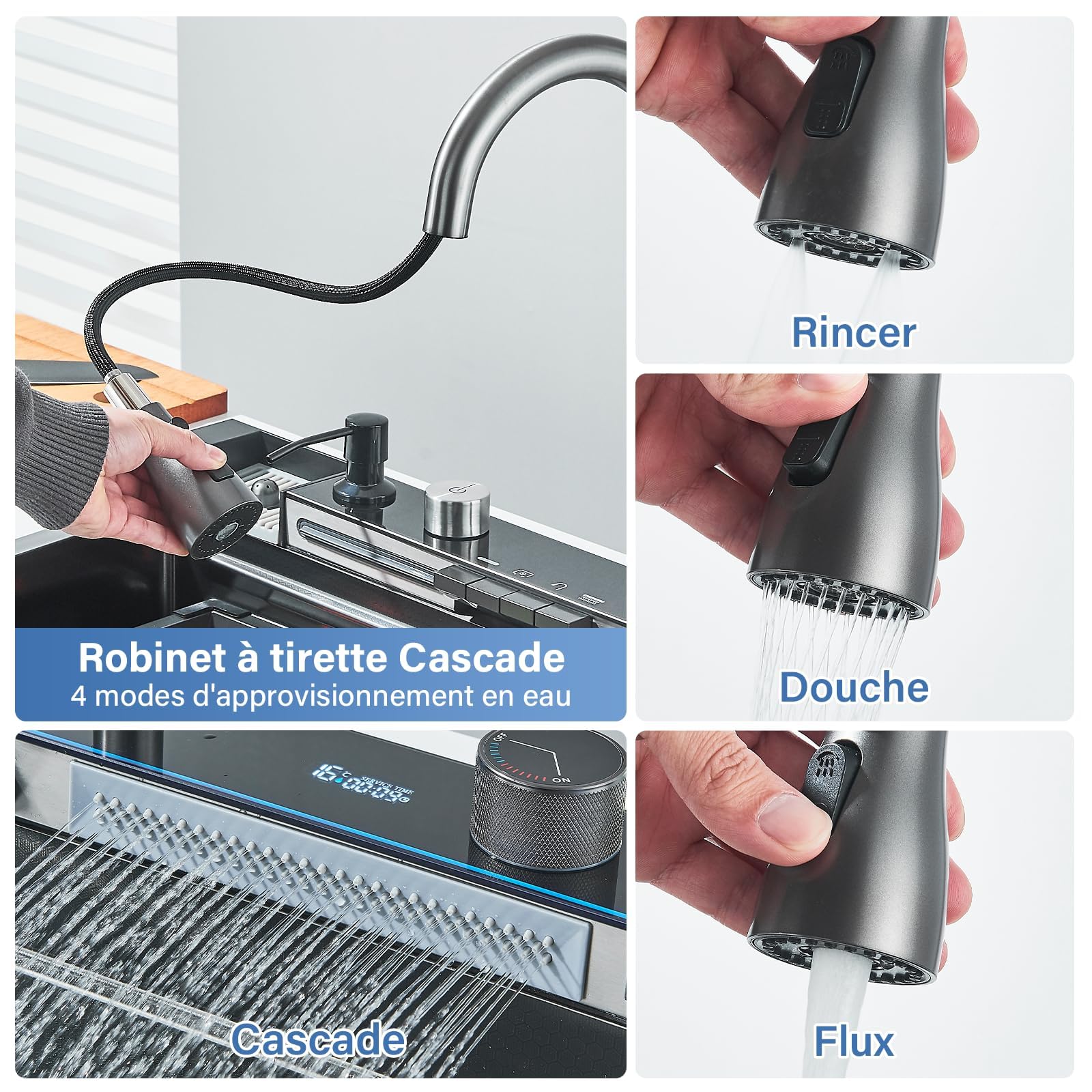 Noir Évier de Cuisine en Acier Inoxydable 304 avec Robinet Extractible Grand Évier Simple Affichage Numérique Intégré Lave-tasses Distributeur de Savon Robinetterie (75 * 45 * 21 cm)