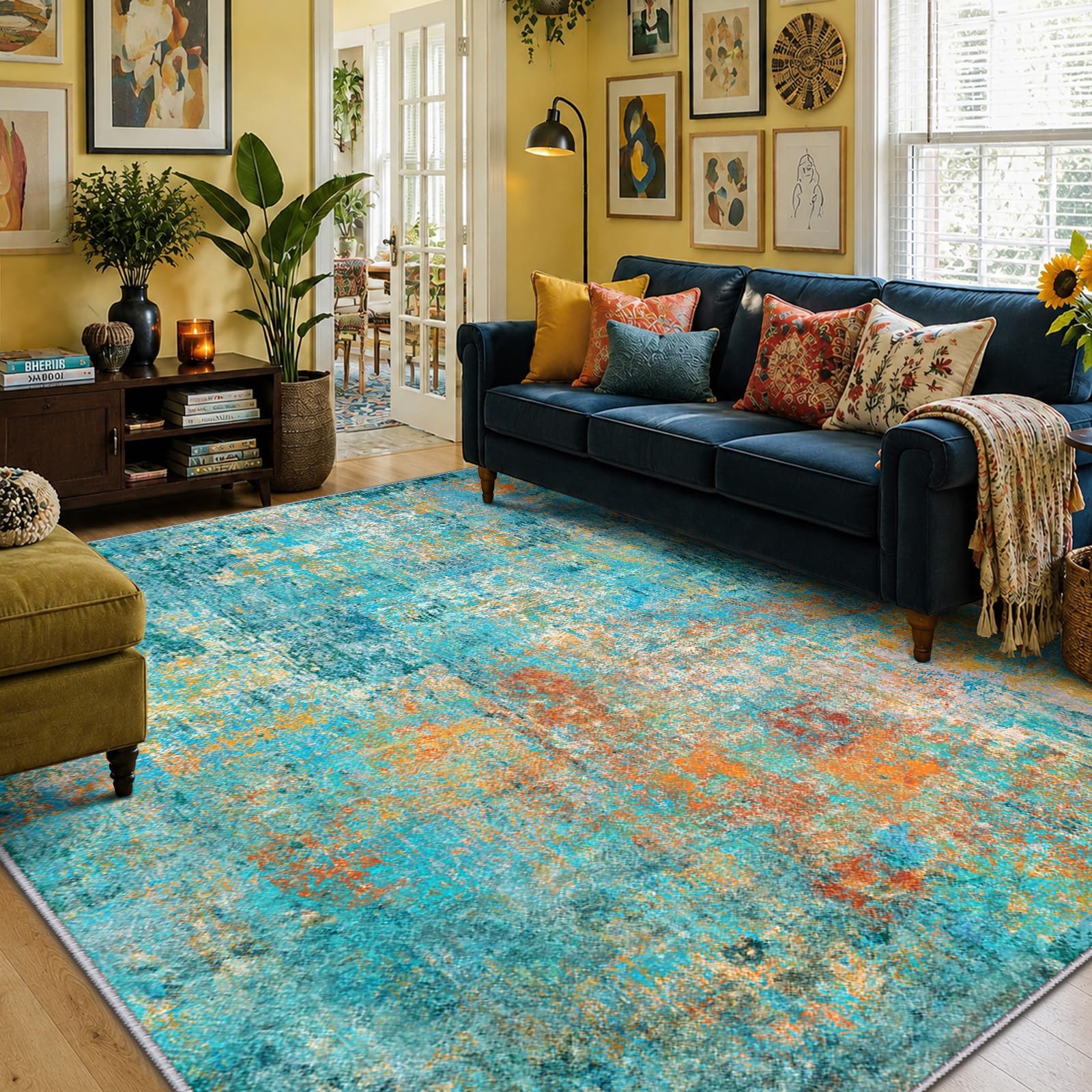 Washable 6'x9' Abstract Area Rug for Living Room Teal Multi