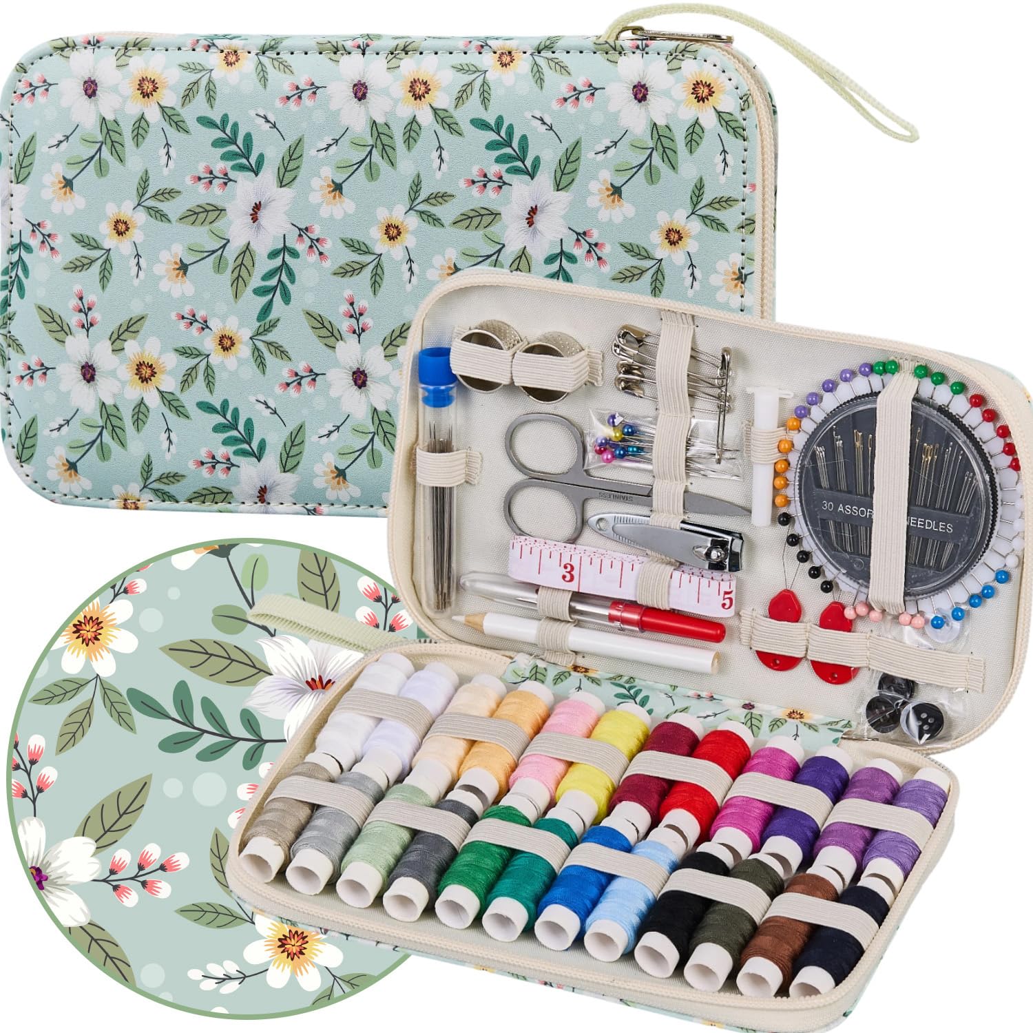 Bobode Floral Printing Sewing Kit Garden Style,Professional Basic Sewing Supplies Kit with 130PCS Accessories,Travel Cute Hand Sewing Kit for Adults, Beginners and Emergency