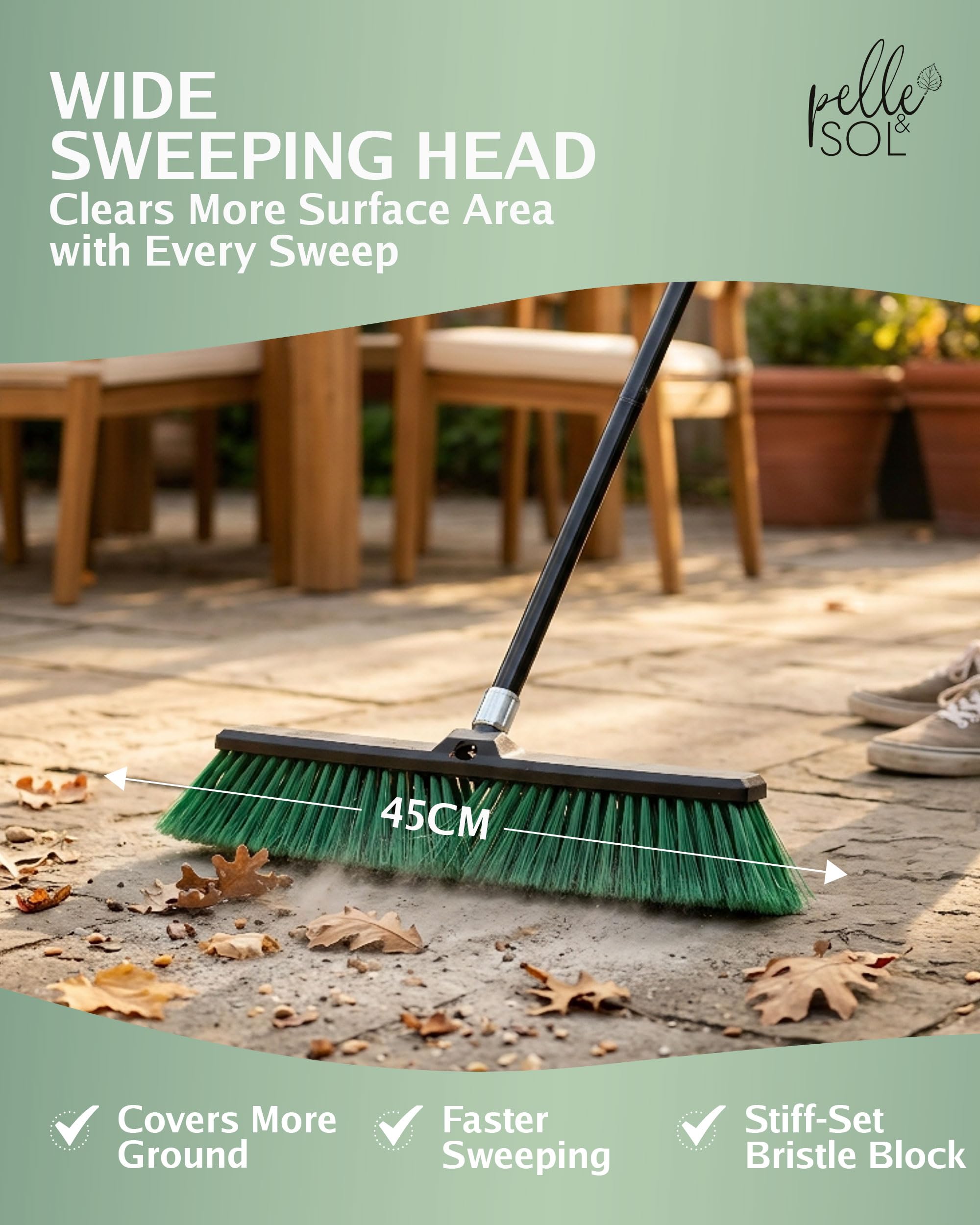 Pelle & Sol 45cm Garden Broom - Heavy Duty Outdoor Broom – Stiff Bristles Sweeping Brush Garden Tools for Patio, Driveway, Yard & Concrete Cleaning with Long Handle — view 3