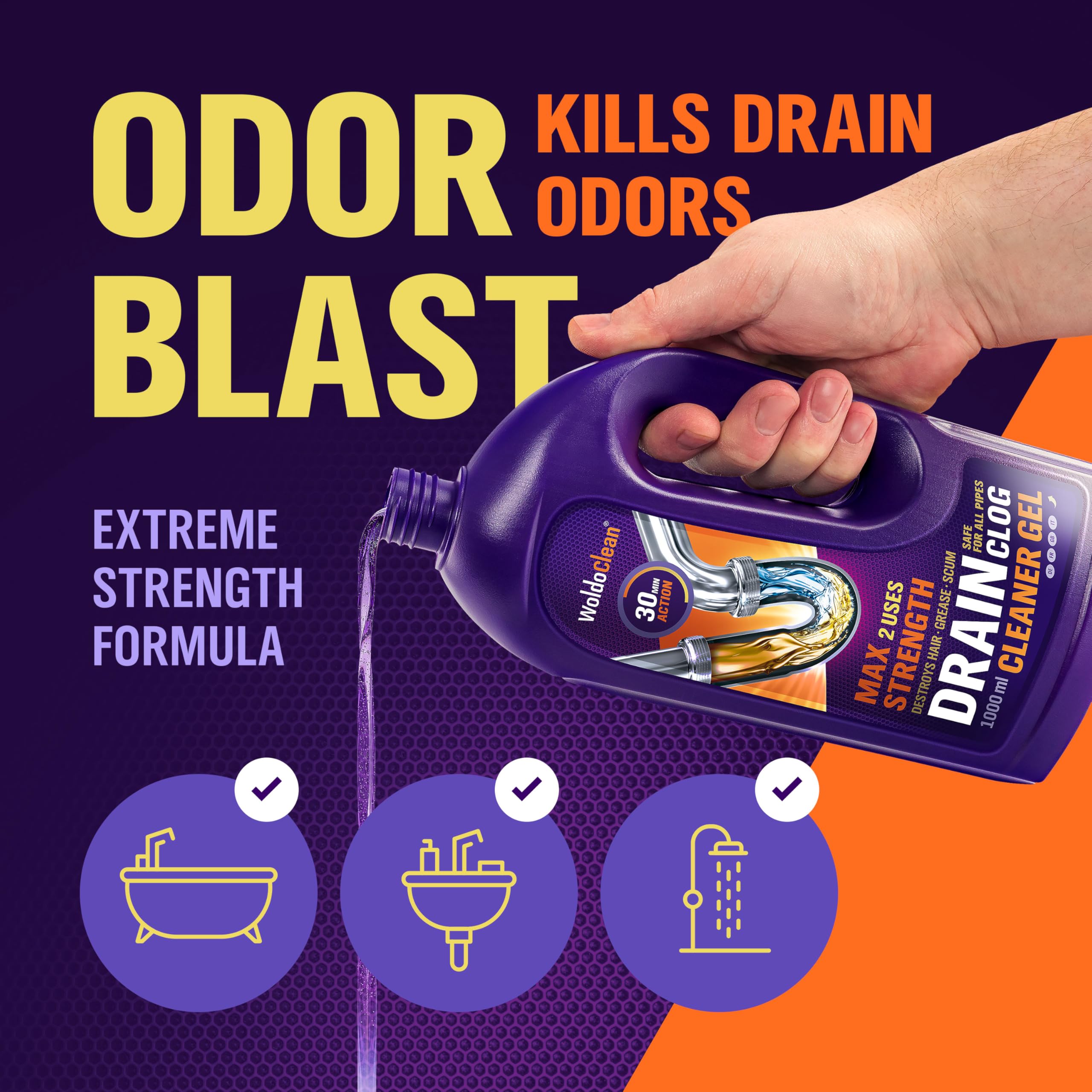 WoldoClean Gel Stura Lavandini e Scarichi 1000ml - Idraulico Liquido Disgorgante Professionale contro Capelli e Grasso, per Doccia e Lavandino, Penetra nell'Acqua Stagnante