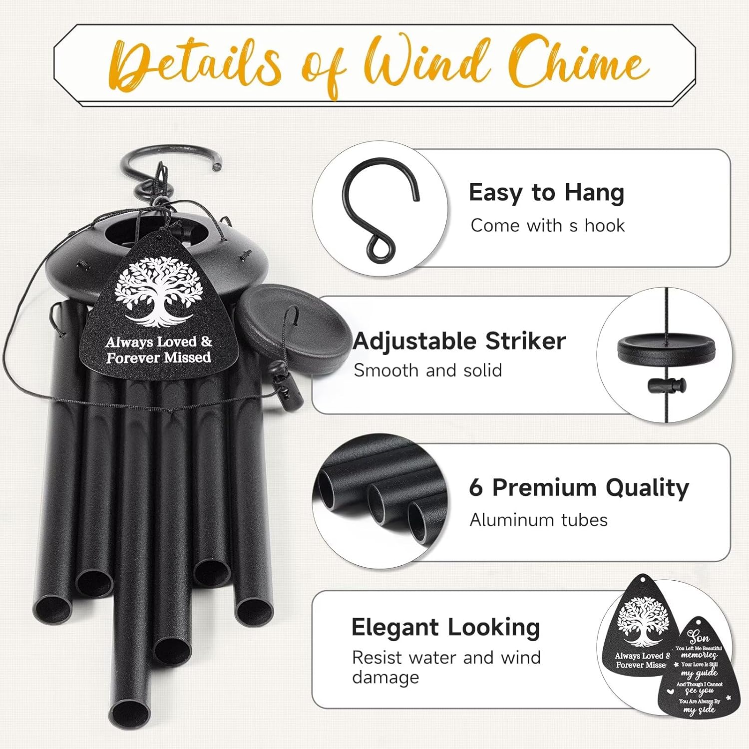Memorial Gifts for Loss of Son, 25''Memorial Wind Chimes for Loss of Son Gifts, Condolence/Remembrance/Bereavement Gift,Windchimes in Memory Sympathy Gift,Funeral Decor for Garden Outside,Black - Image 6