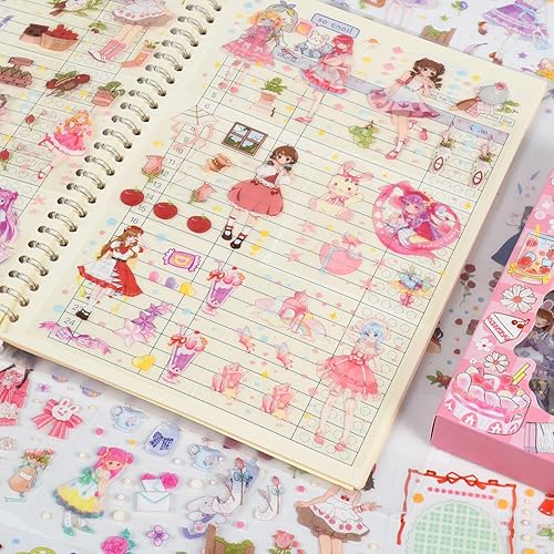 Miniatura 5 de EAMOTOL Kit de 100 hojas de calcomanías Kawaii para niñas, para diario, lindo y dulce caricatura, collage transparente, suministros para álbumes de