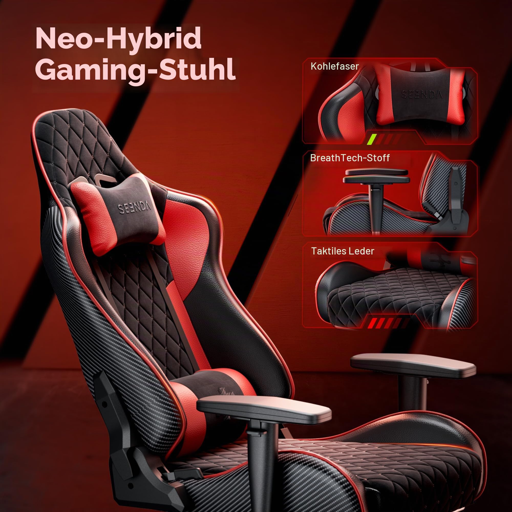 seenda GCPro-10 Ergonomischer Gaming Stuhl & Bürostuhl | 150 kg Vollmetall-Rahmen, 145° Neigung mit Fußstütze, 2D Armlehnen, Lendenwirbelstütze, High-Density Schaum, Carbon Design