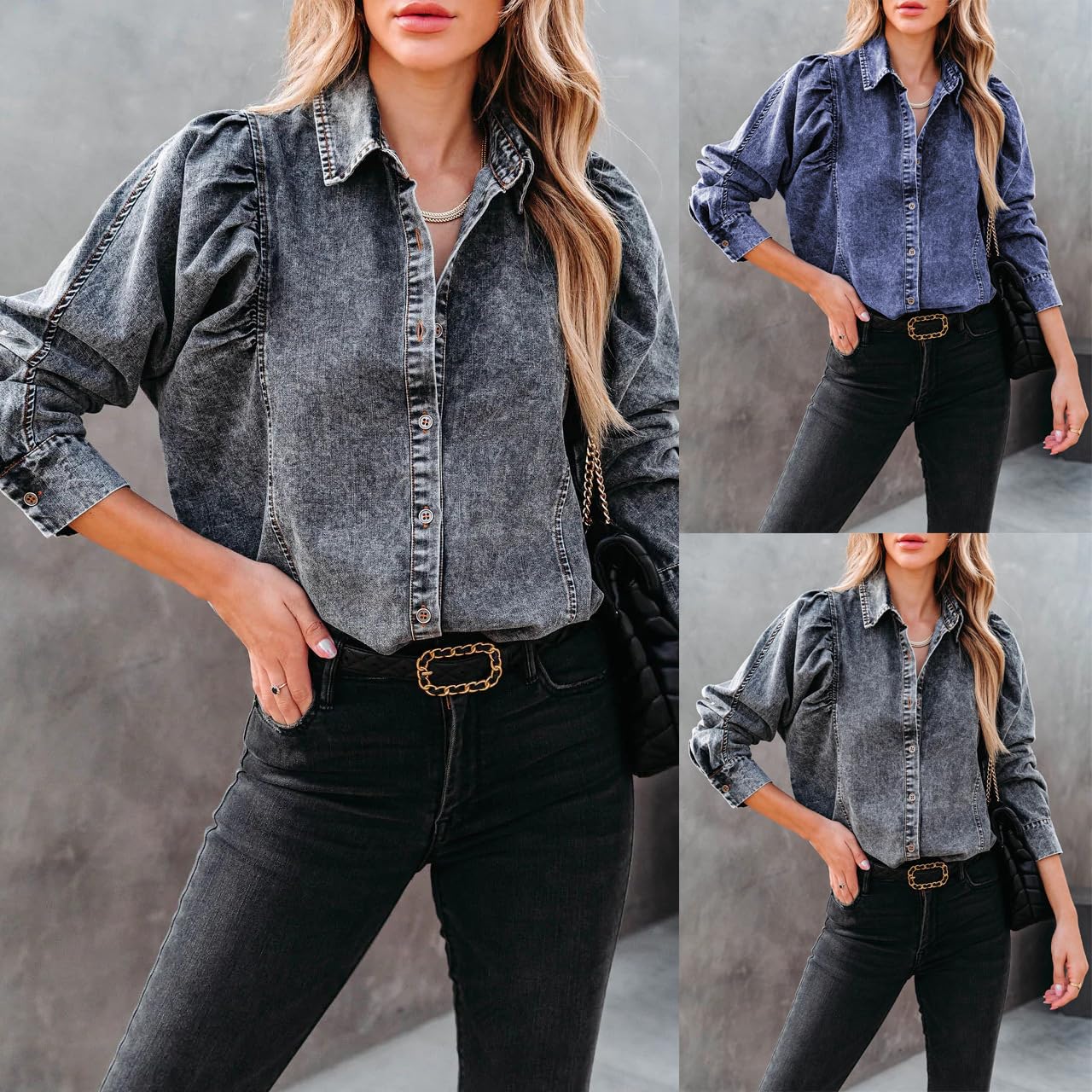 Blouse Femme Chemisier en Jean pour Femme Style Punk Vintage Froncé Manches Longues Bouffantes Tendance Col Boutonné Col en V Délavé Tunique Automne Ample Streetwear