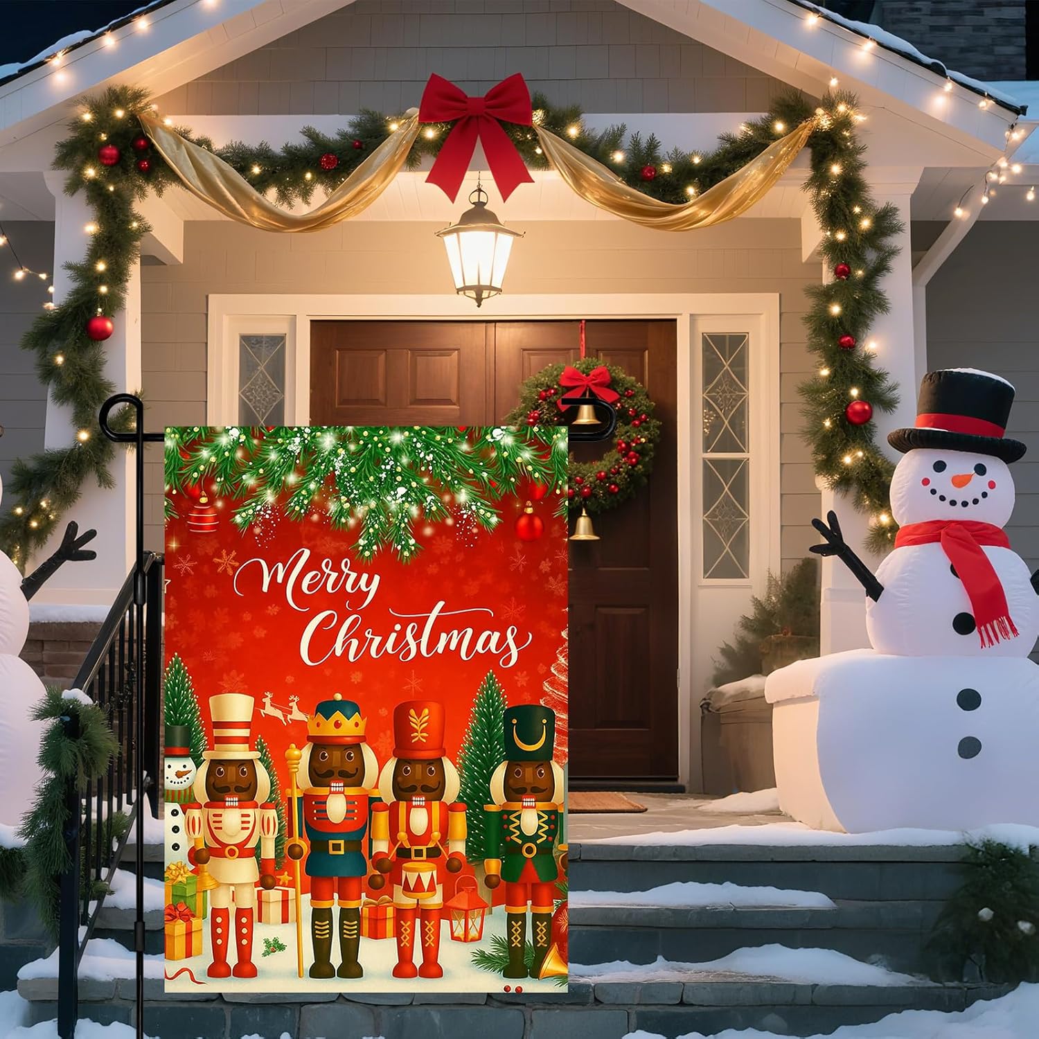 IVN Christmas African American Santa Garden Flag 12x18 Inch Double Sided Winter Black Nutcracker Soldiers Tree Snowflakes Christmas Decoratives Yard Flag for Outside Xmas Home Front Door Lawn Porch Patio Welcome Decor - Image 2