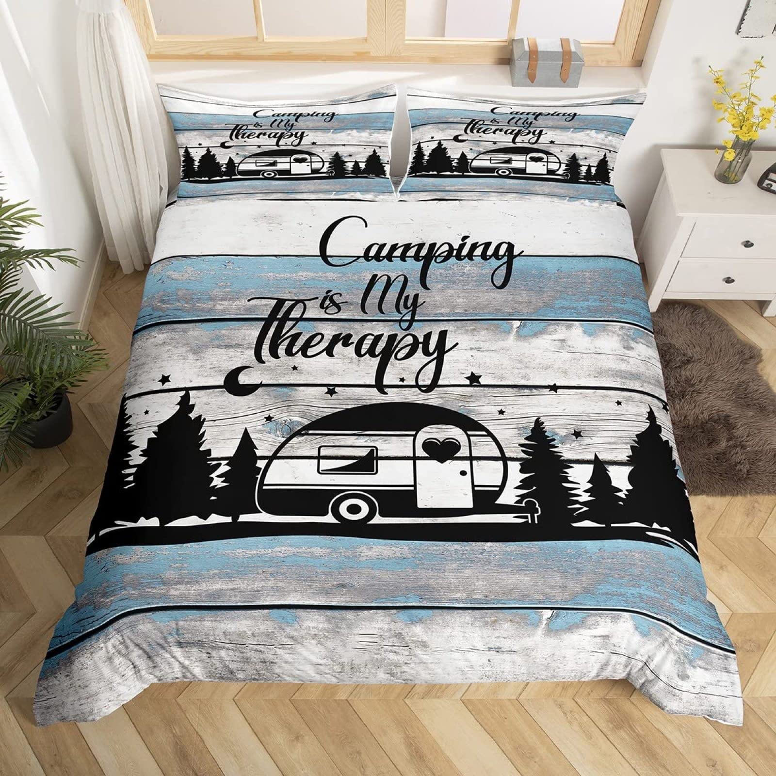 Bettwäsche 135x200 Happy Camping Camper Bettbezug Set 2 Teilig rustikales Bauernhaus Microfaser Weich Bettbezüge + 1 Kissenbezug 80x80 cm, mit Reißverschluss Küche, Haushalt & Wohnen