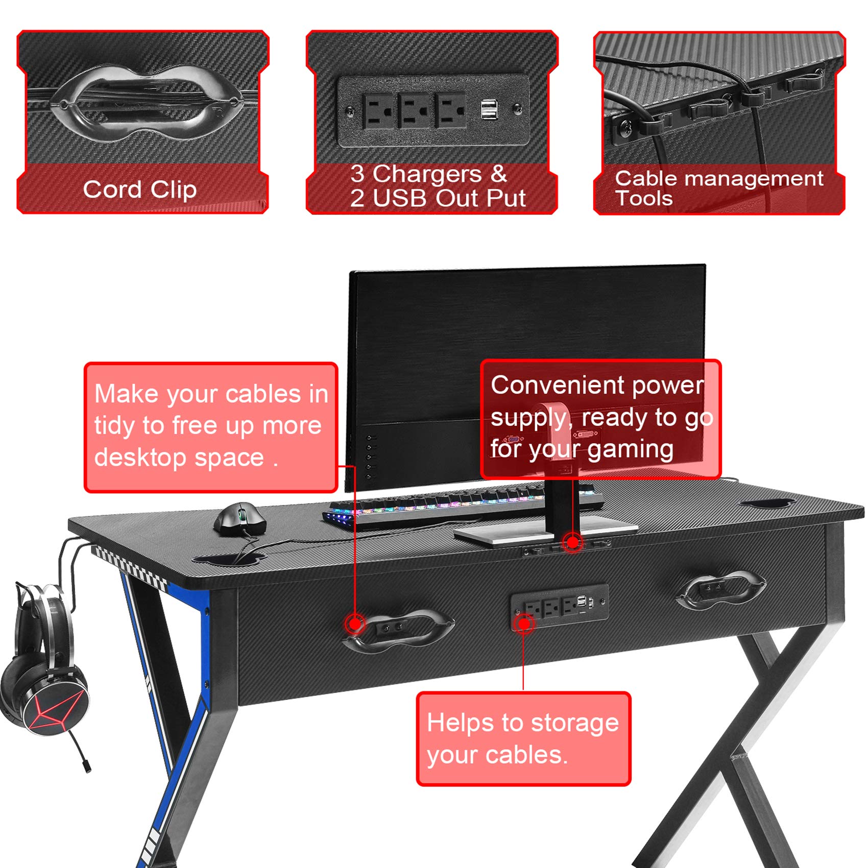 Mr IRONSTONE Gaming Desk 45.2" W x 23.6" D Home Office Desk, Gaming Workstation with Power Strip