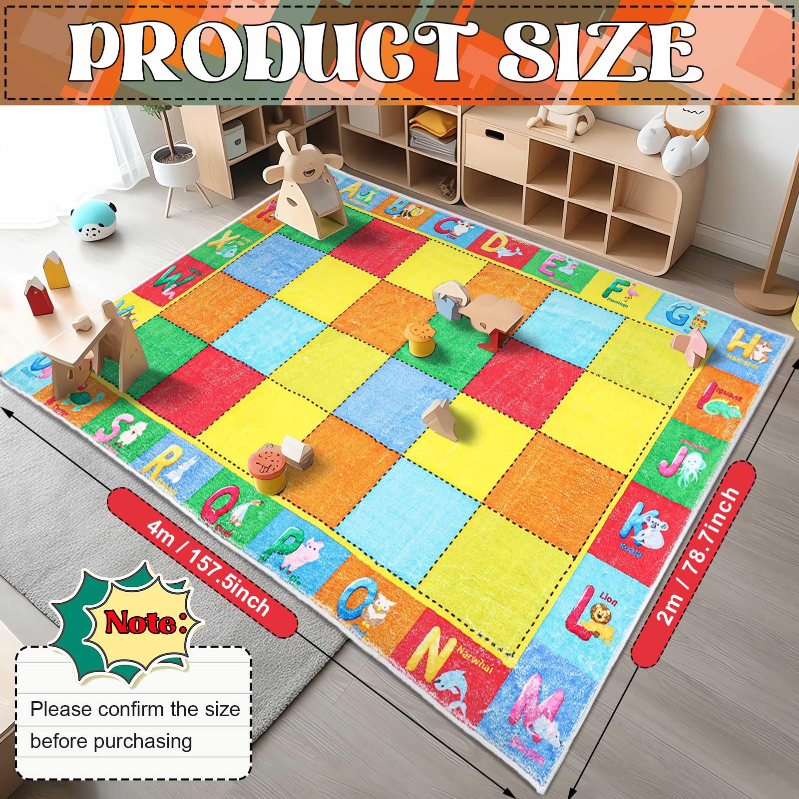 Coume Klassenzimmerteppich, 4 x 2 m, ABC-Alphabet und Tierwörter, Lernteppich, große Lernmatte mit rutschfester Unterseite, für Kinder, Kleinkinder, Vorschule, Kindergarten