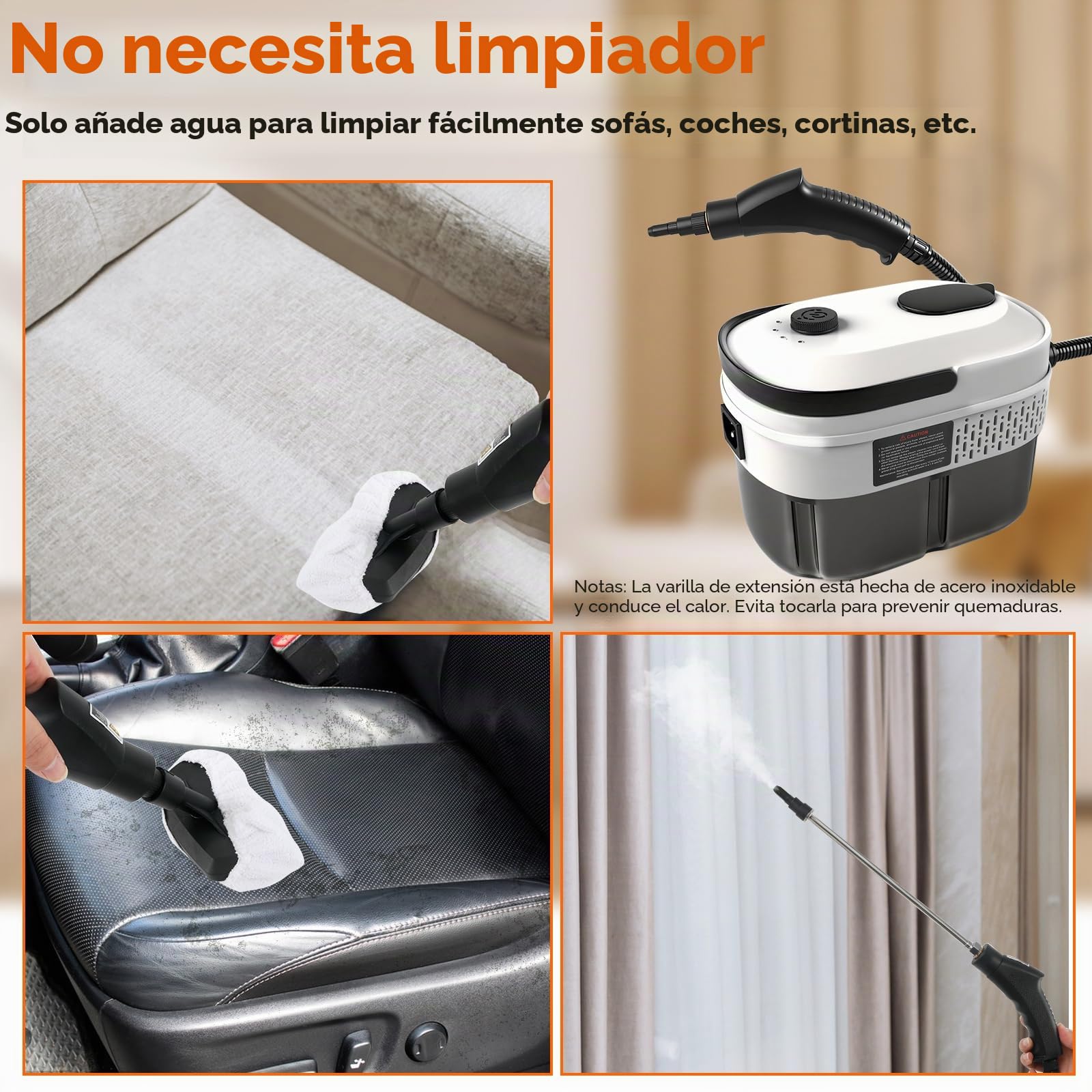 Limpiador a vapor, 2500 W, 3 bar, limpiador a vapor de mano, 1400 ml, depósito de agua, 15 segundos, 3 velocidades, 6 cabezales de cepillo para cocina, ventanas, piso, baño, coche